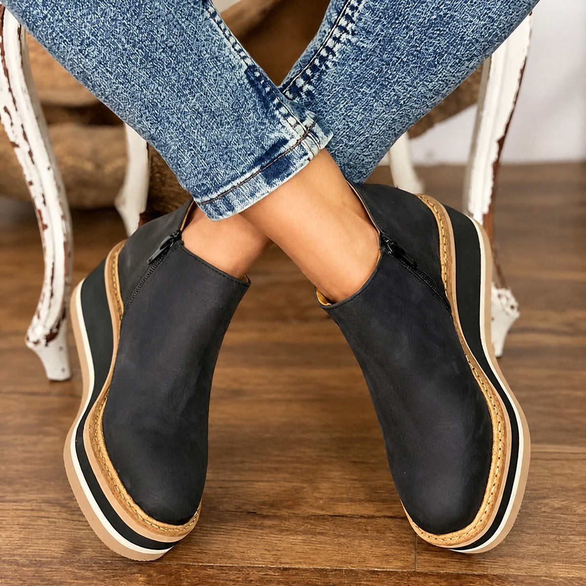 Rowan - Women's Wedge Ankle Boots with Platform Sole and Side Zip - Boots - Black - Davies & Cooper