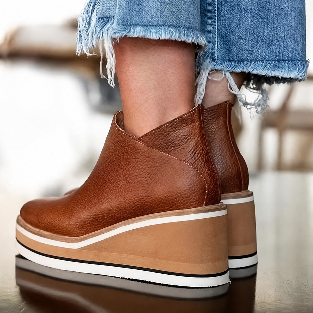 Rowan - Women's Wedge Ankle Boots with Platform Sole and Side Zip - Boots - Brown - Davies & Cooper