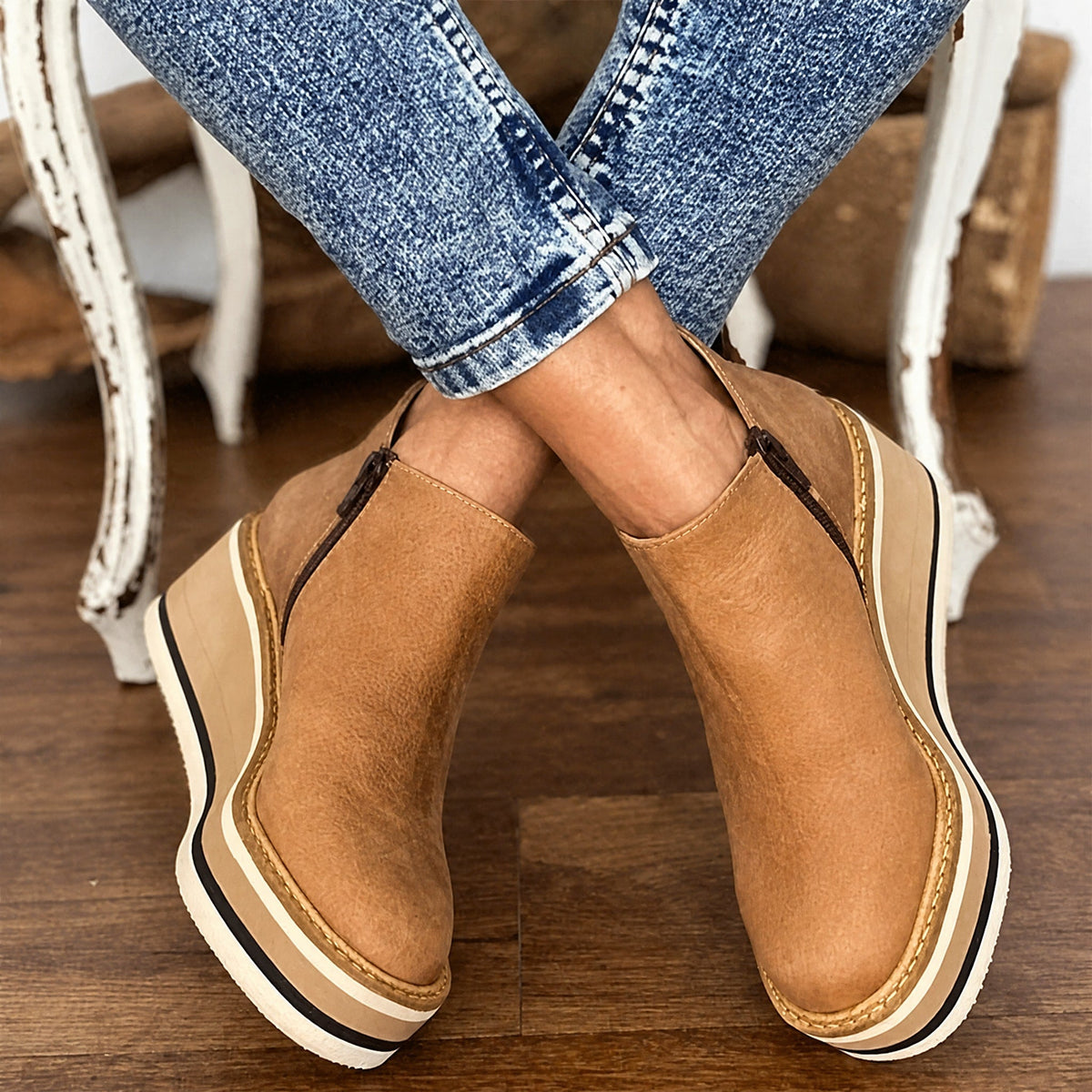Rowan - Women's Wedge Ankle Boots with Platform Sole and Side Zip - Boots - Khaki - Davies & Cooper