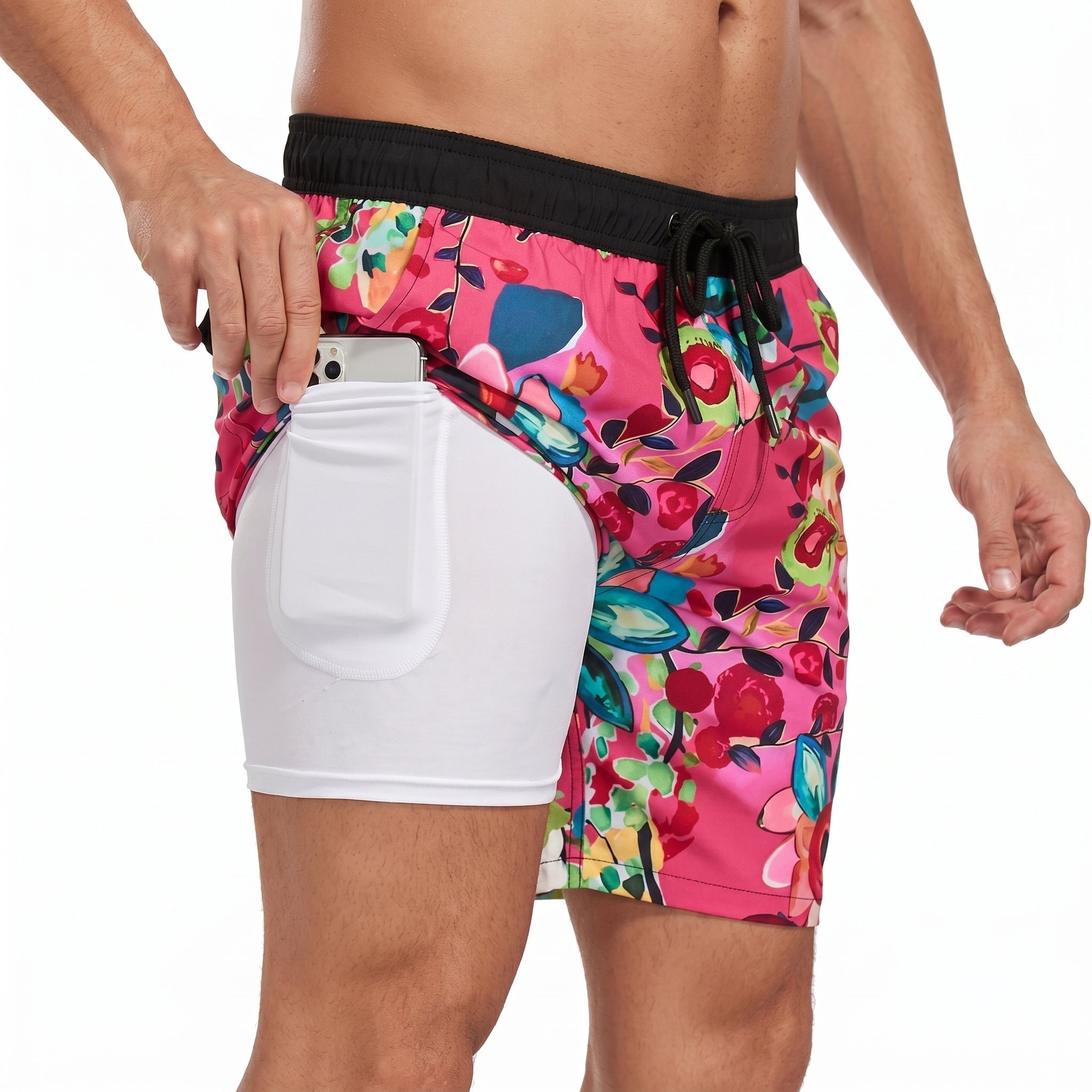 Ryan - Men's Summer Printed Drawstring Swimming Shorts - Shorts Men - Red - Davies & Cooper