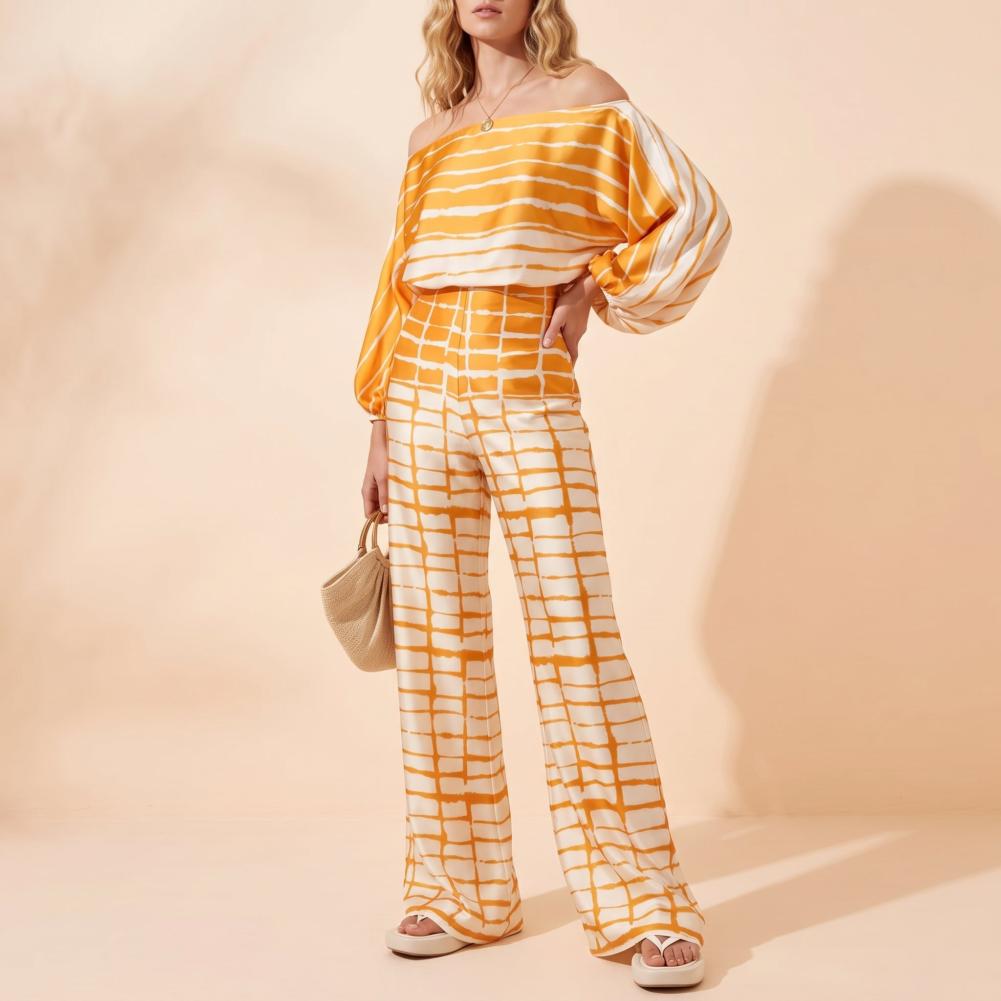 Phoebe - Women's One-Shoulder Abstract Print Wide-Leg Co-ord Set