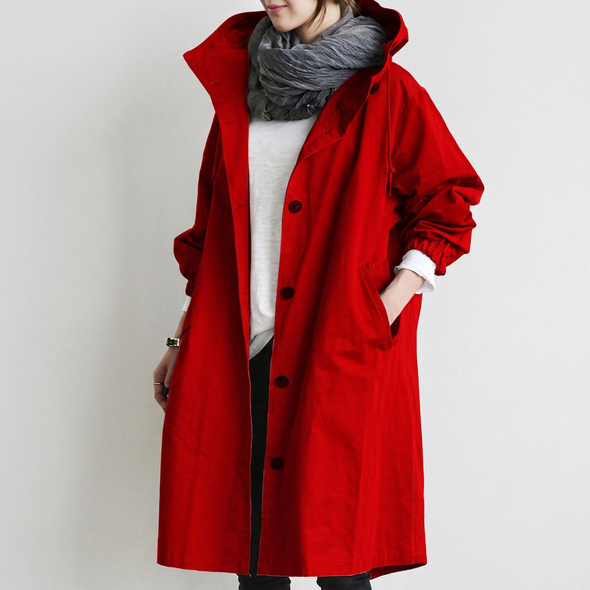 Sanne - Women's Hooded Longline Trench Coat with Drawstring Hood - Trench Coats - Red - Davies & Cooper