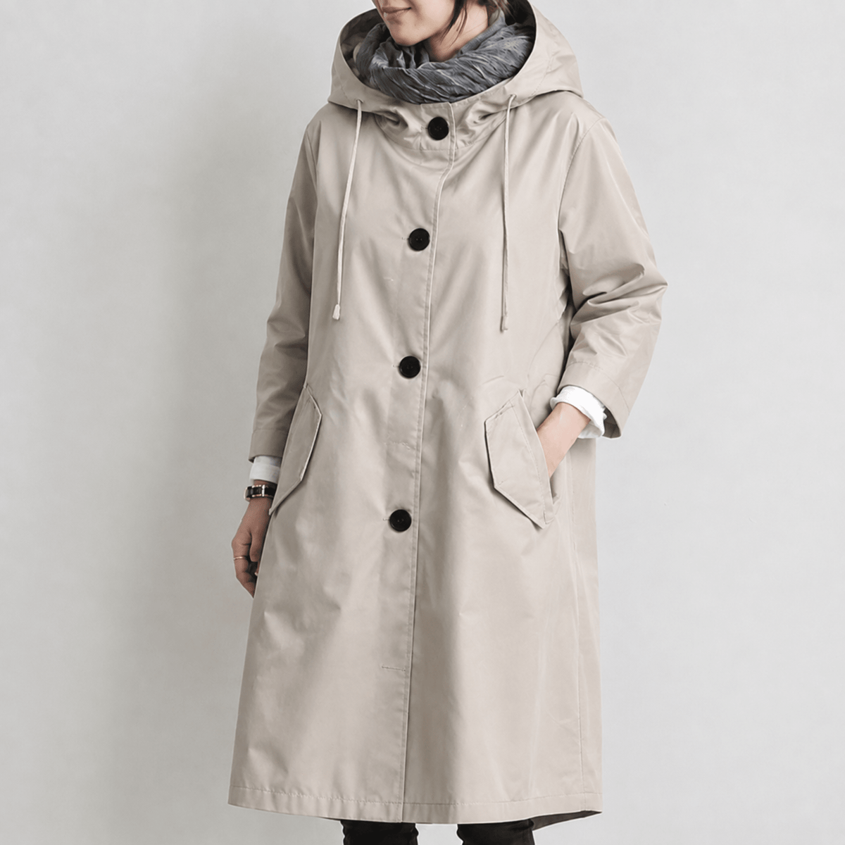 Sanne - Women's Hooded Longline Trench Coat with Drawstring Hood - Trench Coats - Khaki - Davies & Cooper