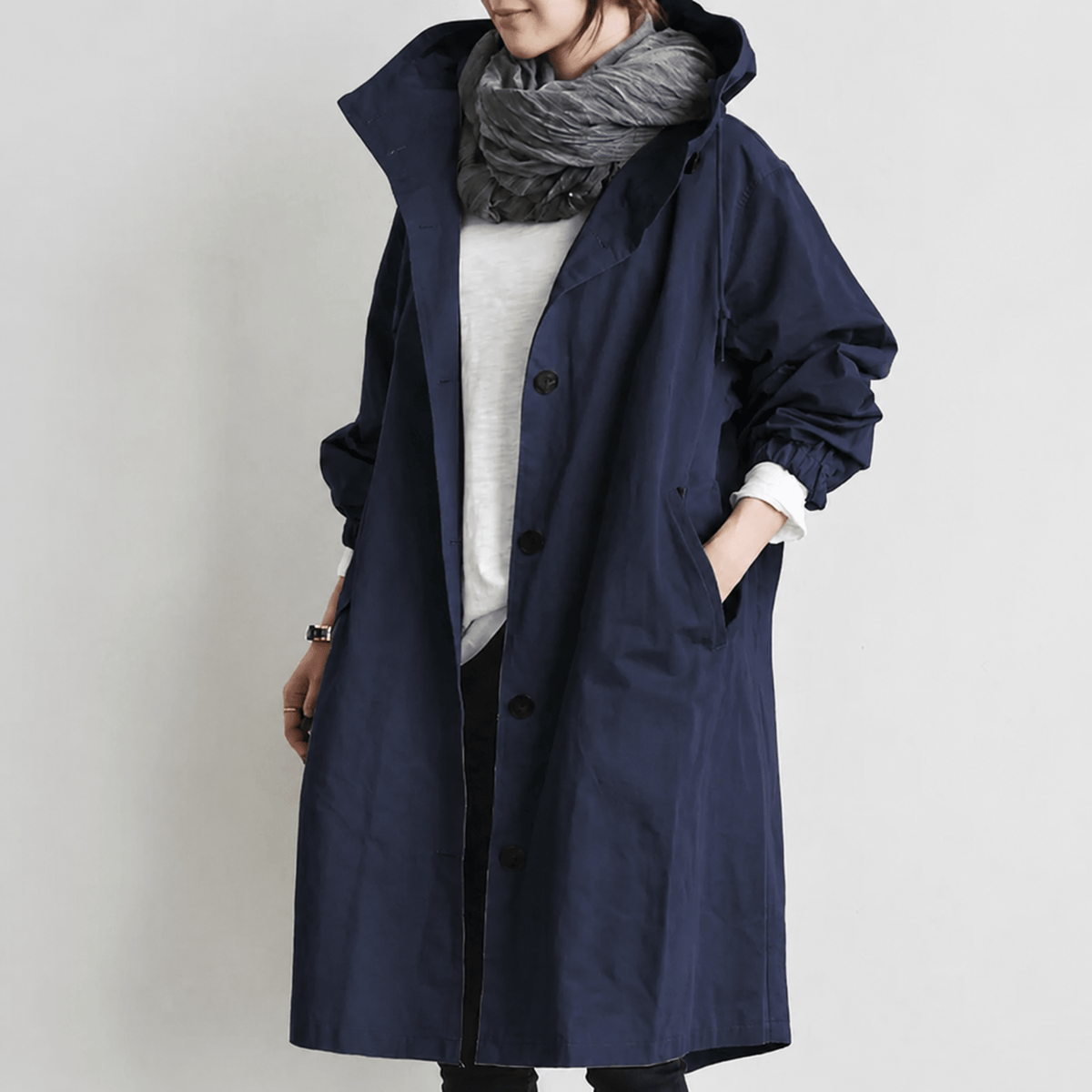 Sanne - Women's Hooded Longline Trench Coat with Drawstring Hood - Trench Coats - Navy Blue - Davies & Cooper
