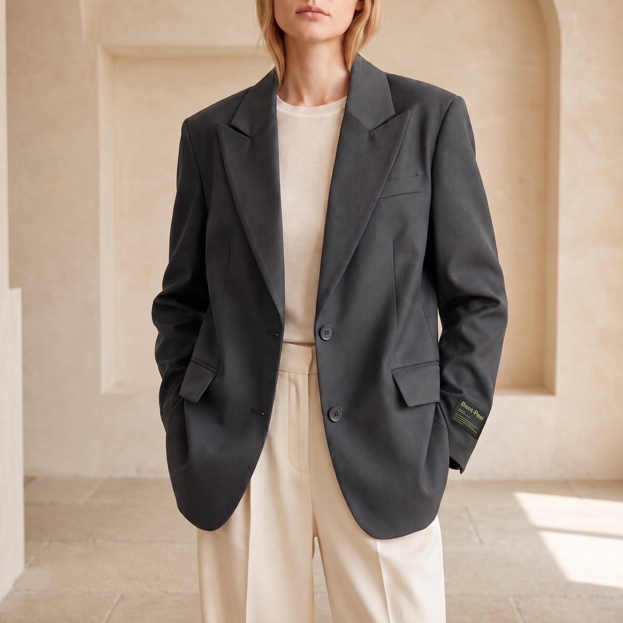 Sarah - Women's Oversized Single-Breasted Blazer with Notched Lapel - Blazers - Grey - Davies & Cooper