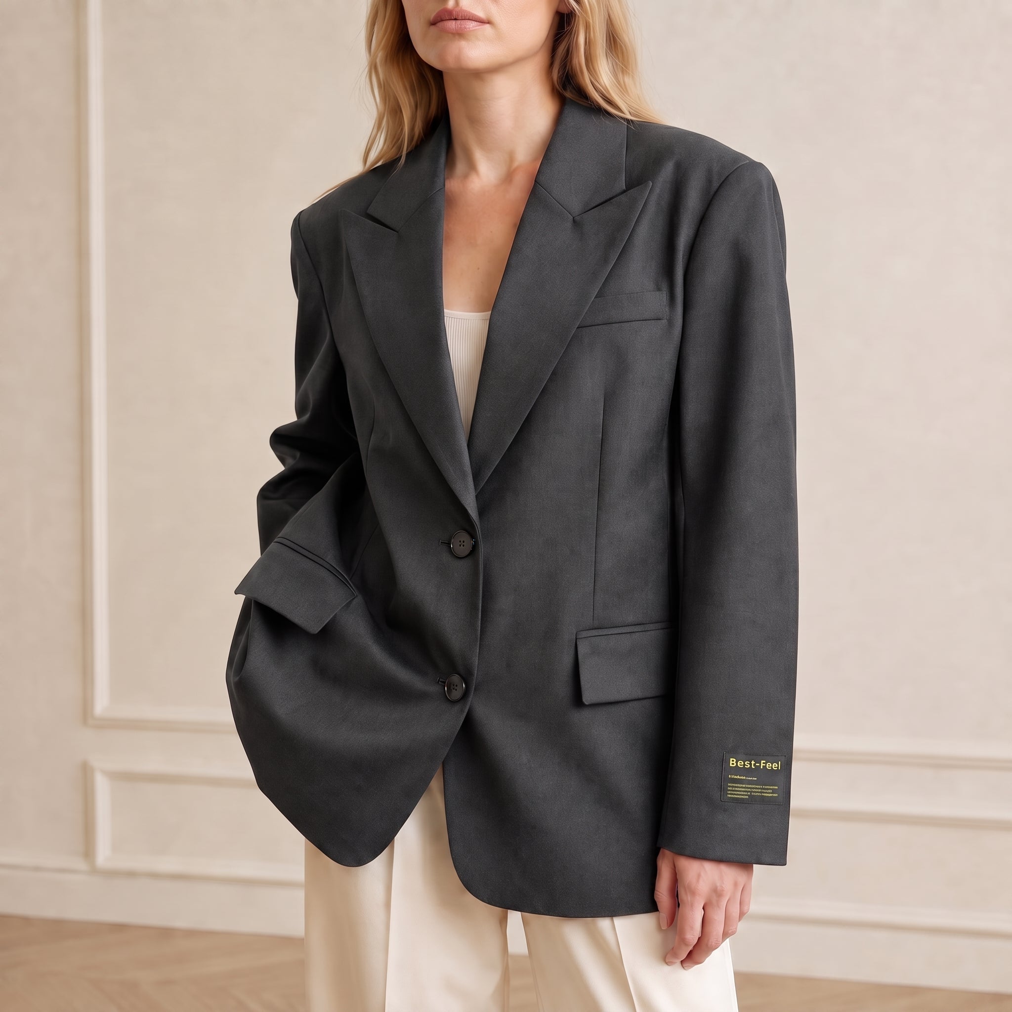 Sarah - Women's Oversized Single-Breasted Blazer with Notched Lapel - Blazers - Grey - Davies & Cooper