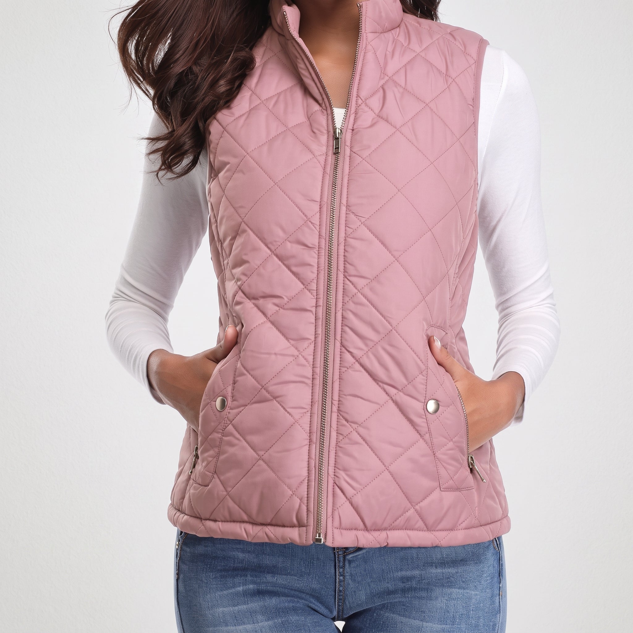 Sarah - Women's Quilted Zip-Front Gilet with Stand Collar - Vests - Pink - Davies & Cooper