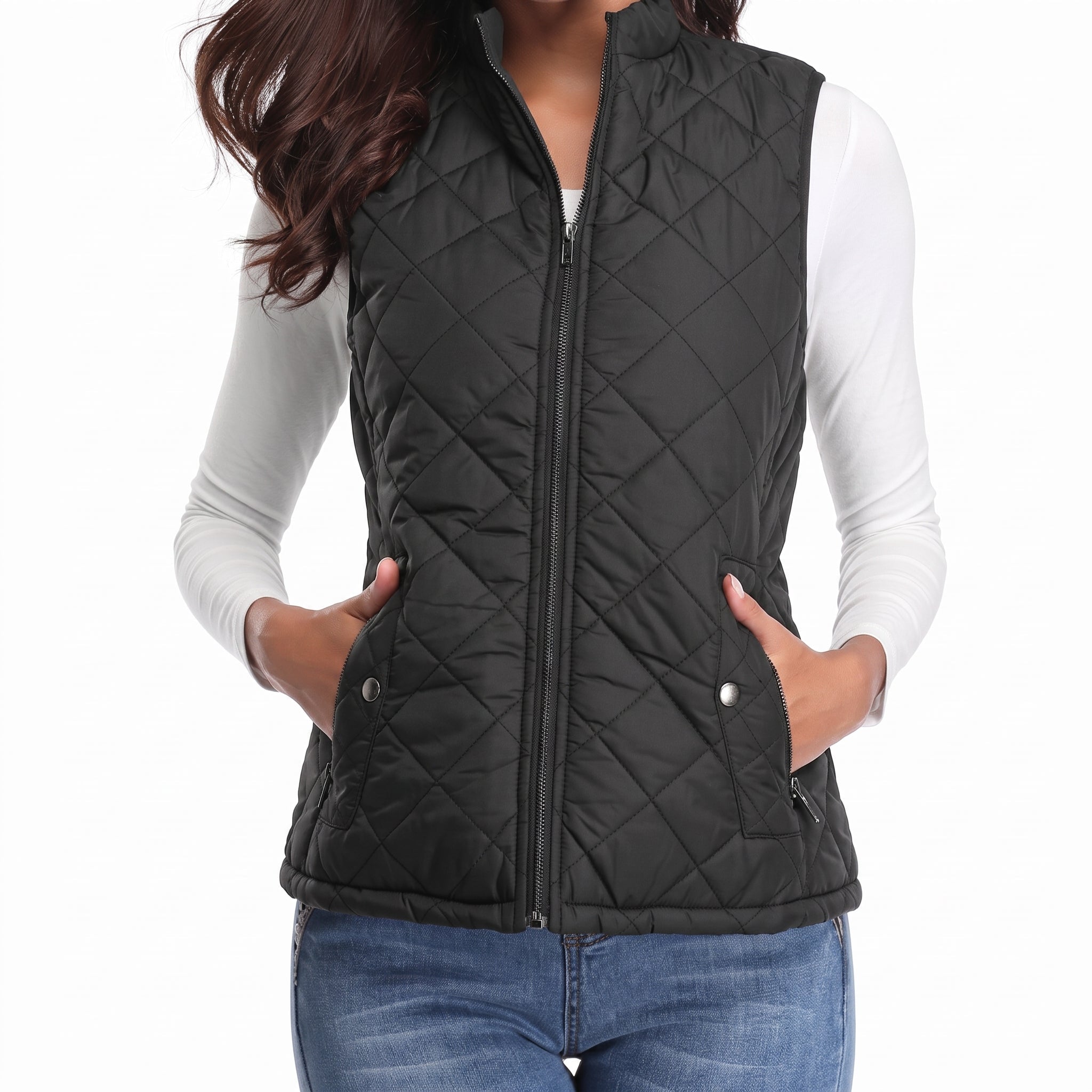 Sarah - Women's Quilted Zip-Front Gilet with Stand Collar - Vests - Black - Davies & Cooper