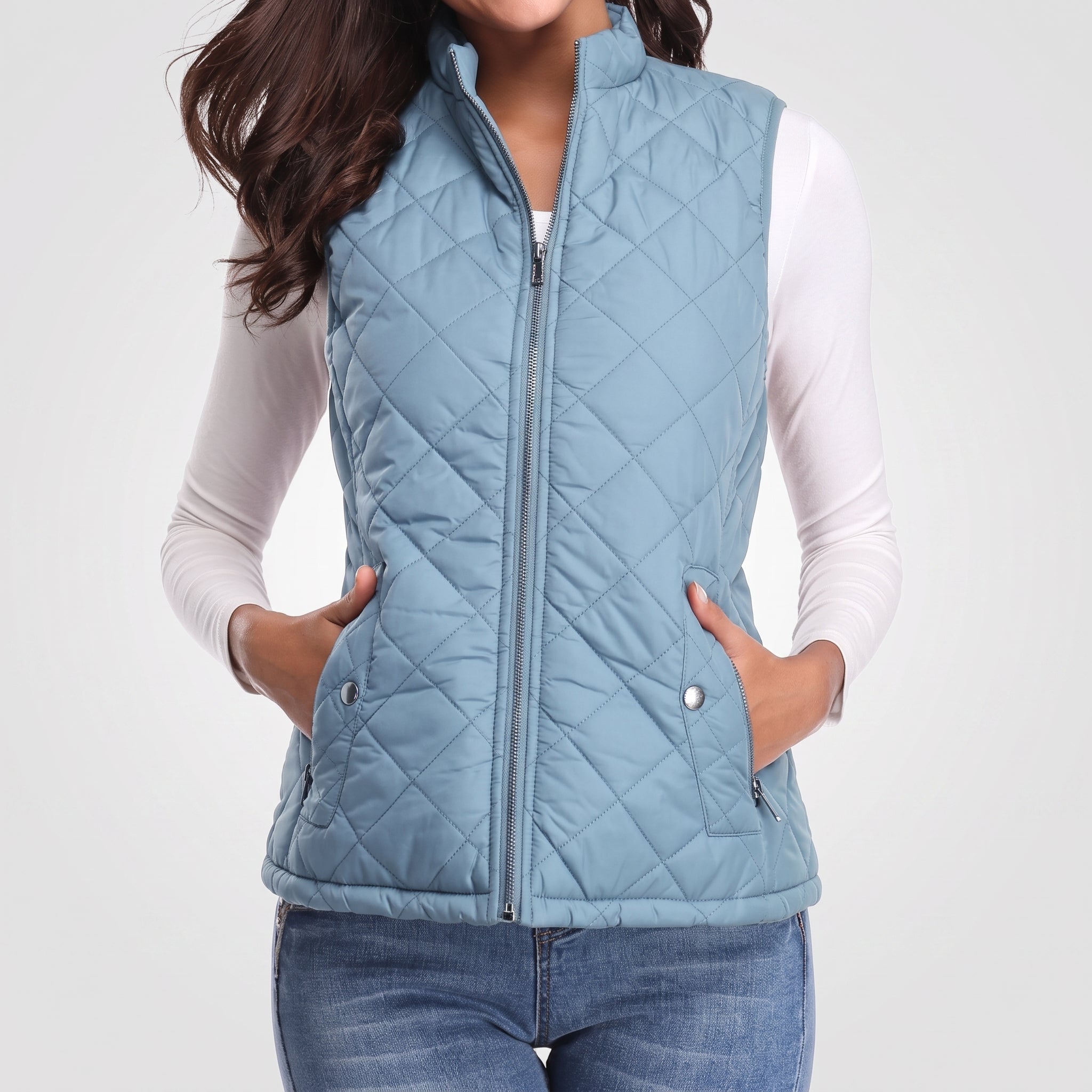 Sarah - Women's Quilted Zip-Front Gilet with Stand Collar - Vests - Sky Blue - Davies & Cooper