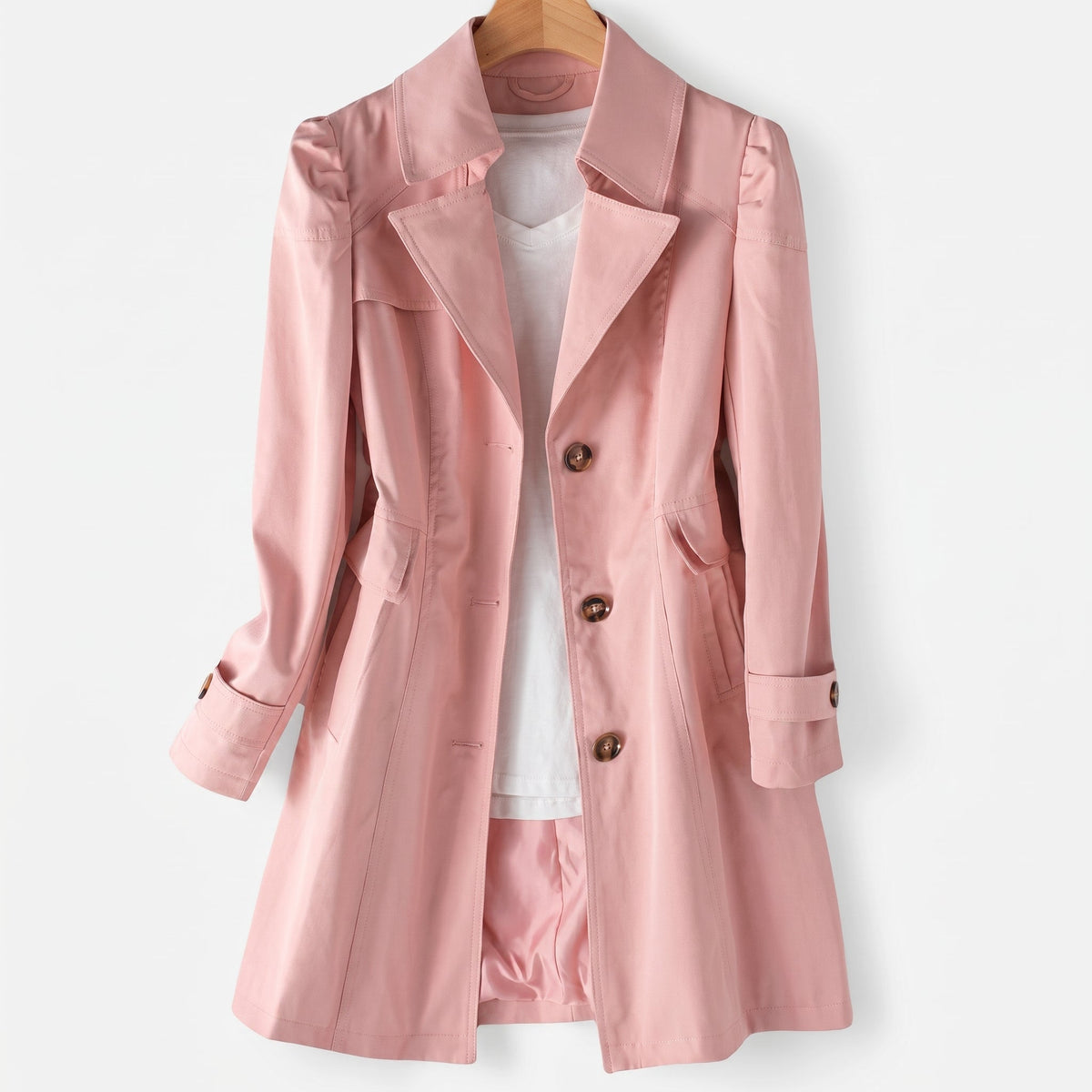 Sarah - Women's Single-Breasted Mid-Length Trench Coat - Trench Coats - Pink - Davies & Cooper