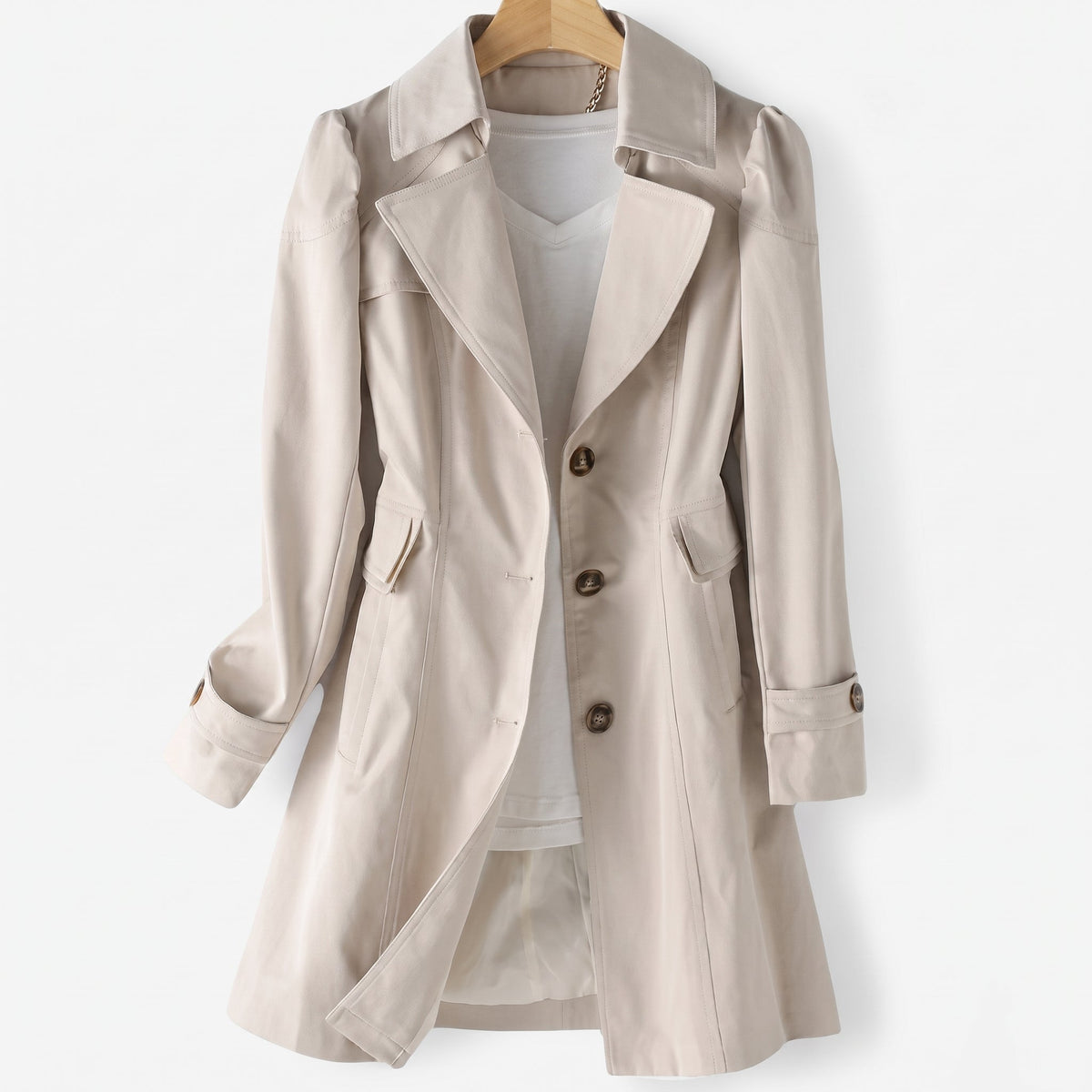 Sarah - Women's Single-Breasted Mid-Length Trench Coat - Trench Coats - Beige - Davies & Cooper
