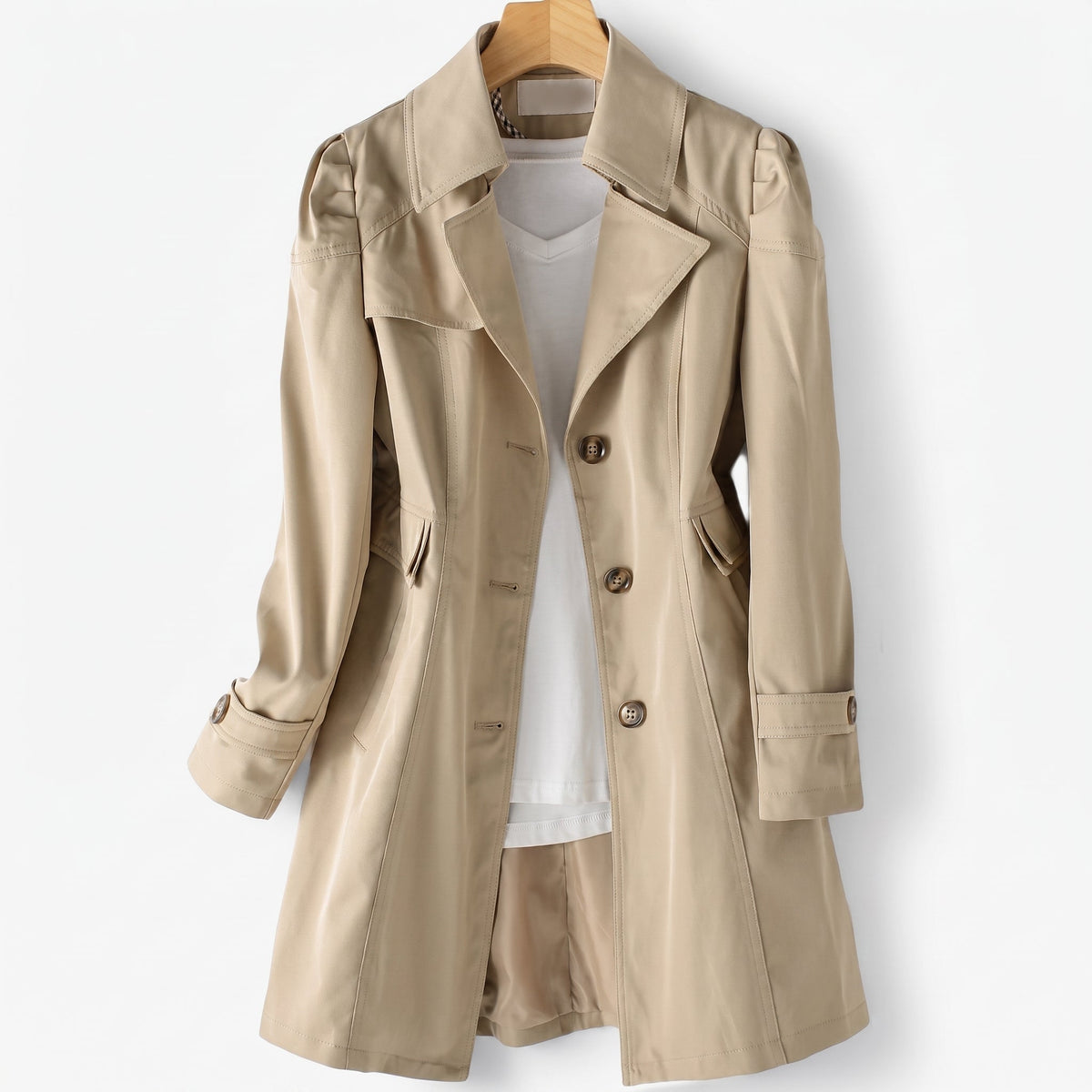 Sarah - Women's Single-Breasted Mid-Length Trench Coat - Trench Coats - Khaki - Davies & Cooper
