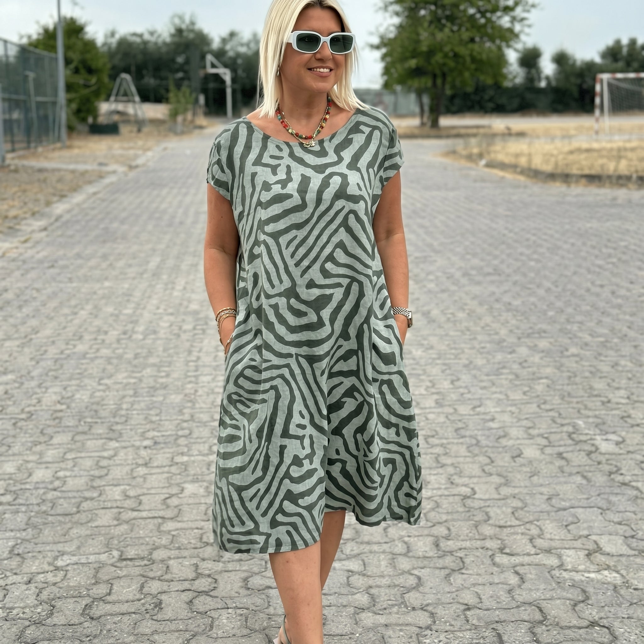 Sarah - Women's Summer Abstract Print Cap Sleeve Midi Dress - Midi Dress - Green - Davies & Cooper