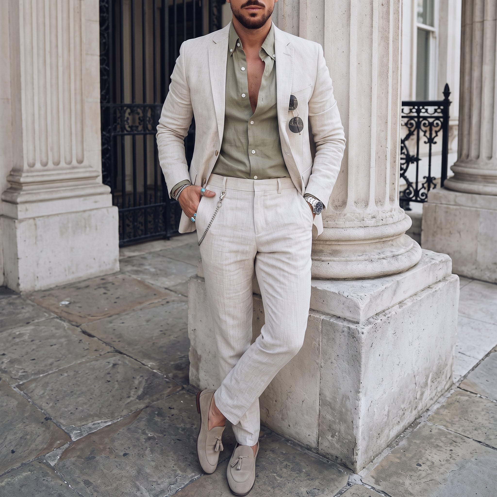 Sebastian - Men's Two-Piece Notch Lapel Tapered Wedding Suit - Suits - Beige - Davies & Cooper