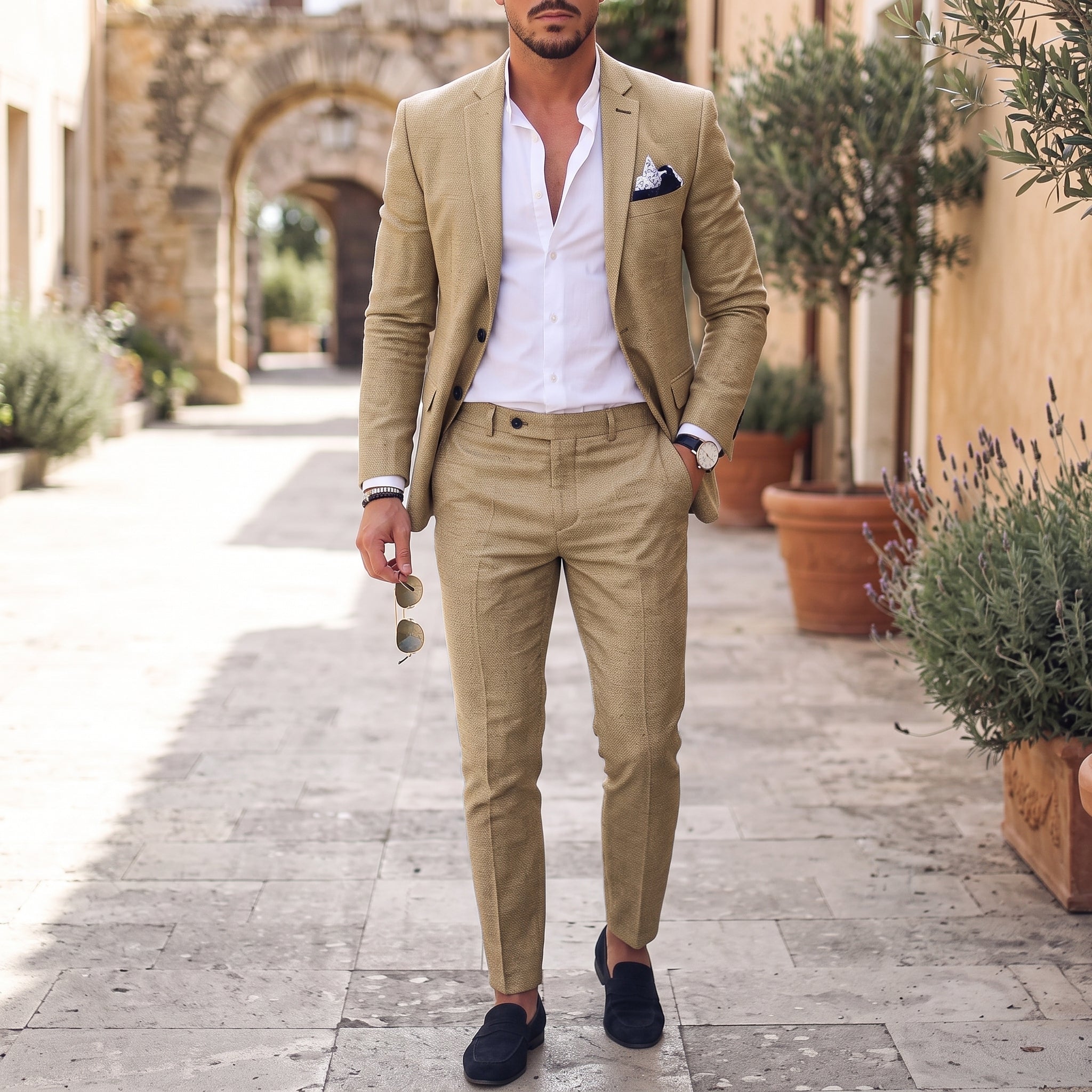 Sebastian - Men's Two-Piece Notch Lapel Tapered Wedding Suit - Suits - Khaki - Davies & Cooper
