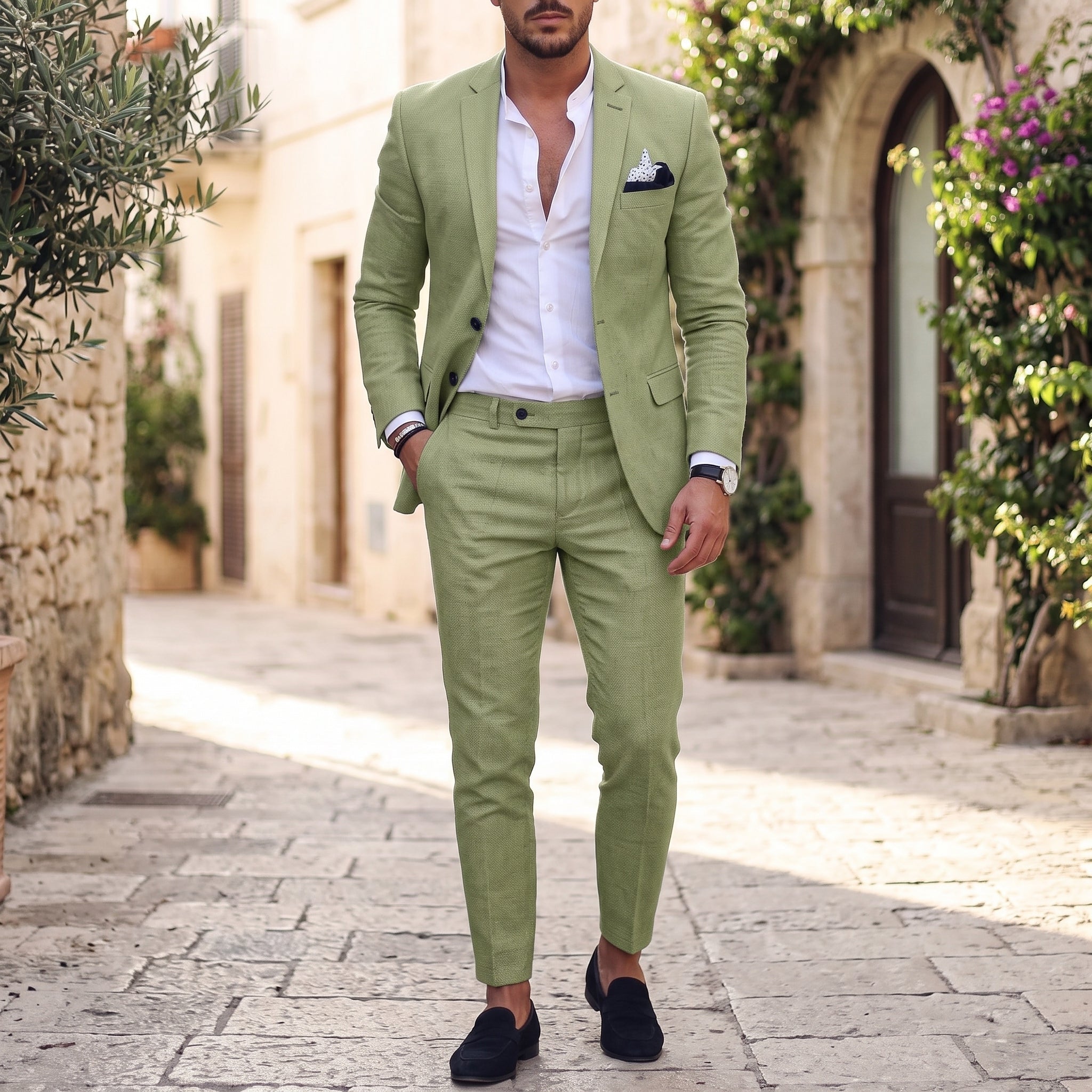 Sebastian - Men's Two-Piece Notch Lapel Tapered Wedding Suit - Suits - Light Green - Davies & Cooper