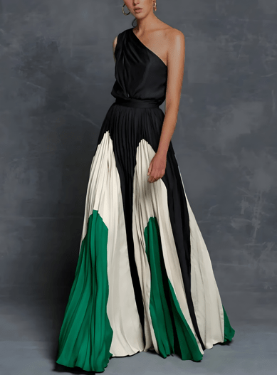Sofia - Women's Evening One-Shoulder Colour Block Maxi Dress