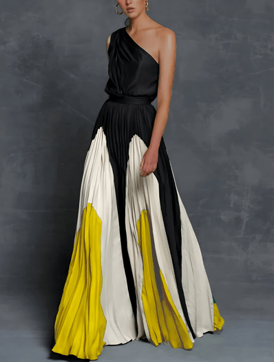 Sofia - Women's Evening One-Shoulder Colour Block Maxi Dress