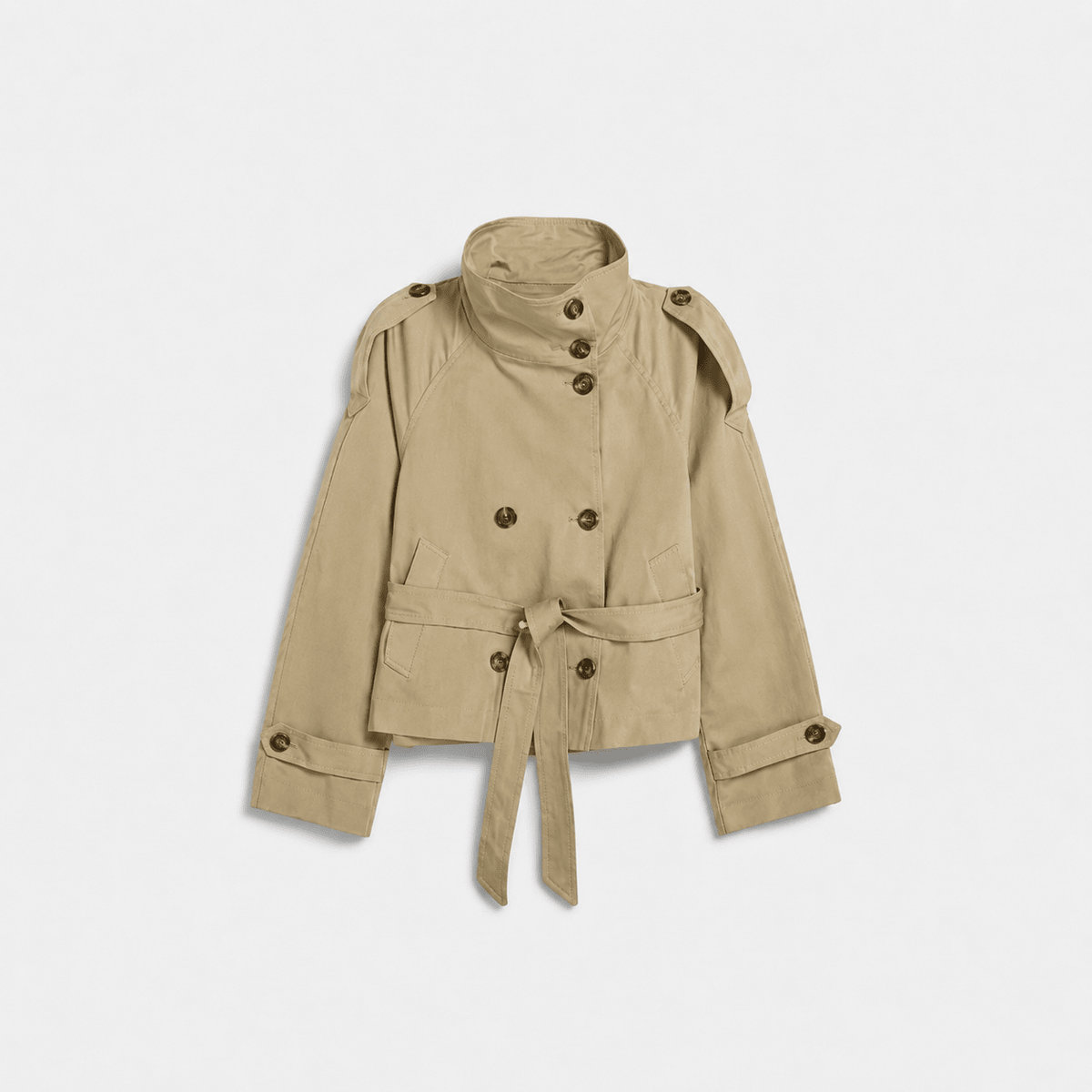 Sibylle - Women's Cropped Double-Breasted Trench Coat - Trench Coats - Khaki - Davies & Cooper