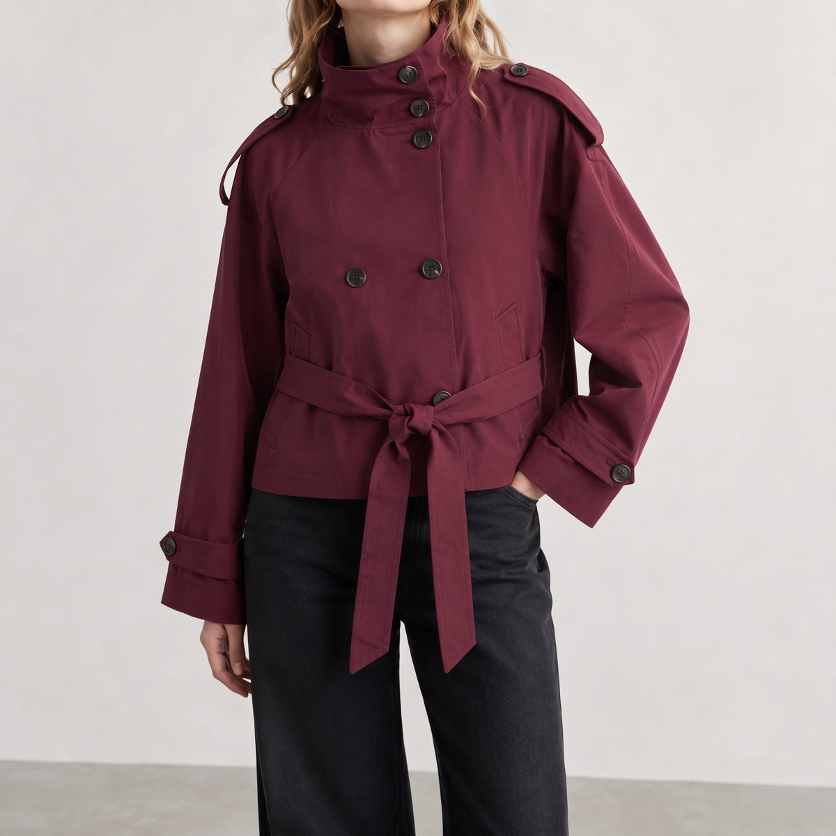 Sibylle - Women's Cropped Double-Breasted Trench Coat - Trench Coats - Burgundy - Davies & Cooper