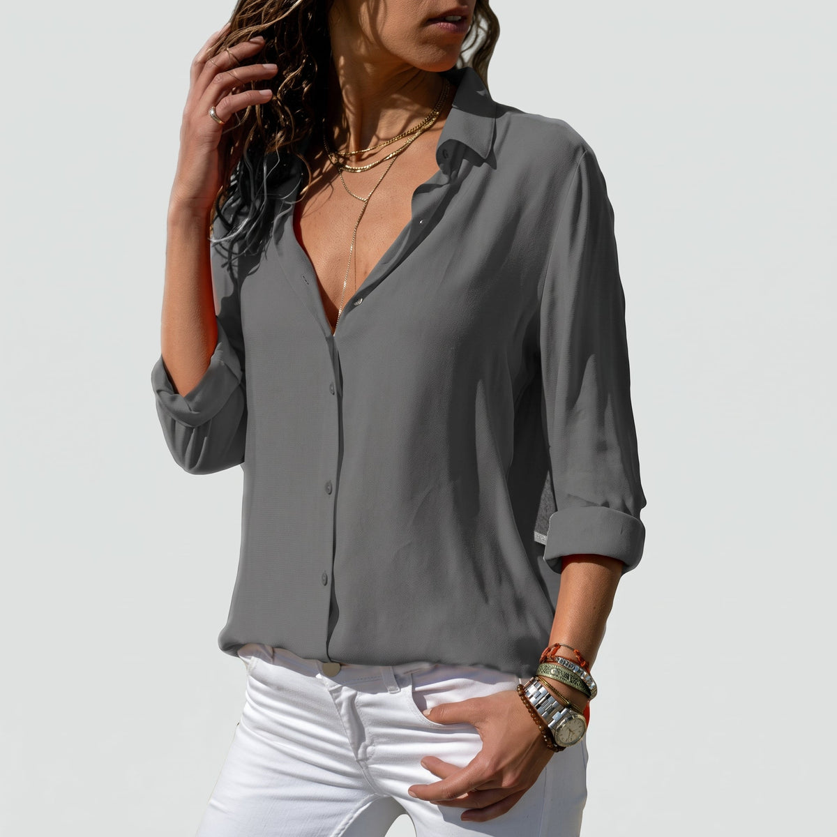 Sienna - Women's Relaxed Fit Long Sleeve V-Neck Blouse - Blouses - Grey - Davies & Cooper