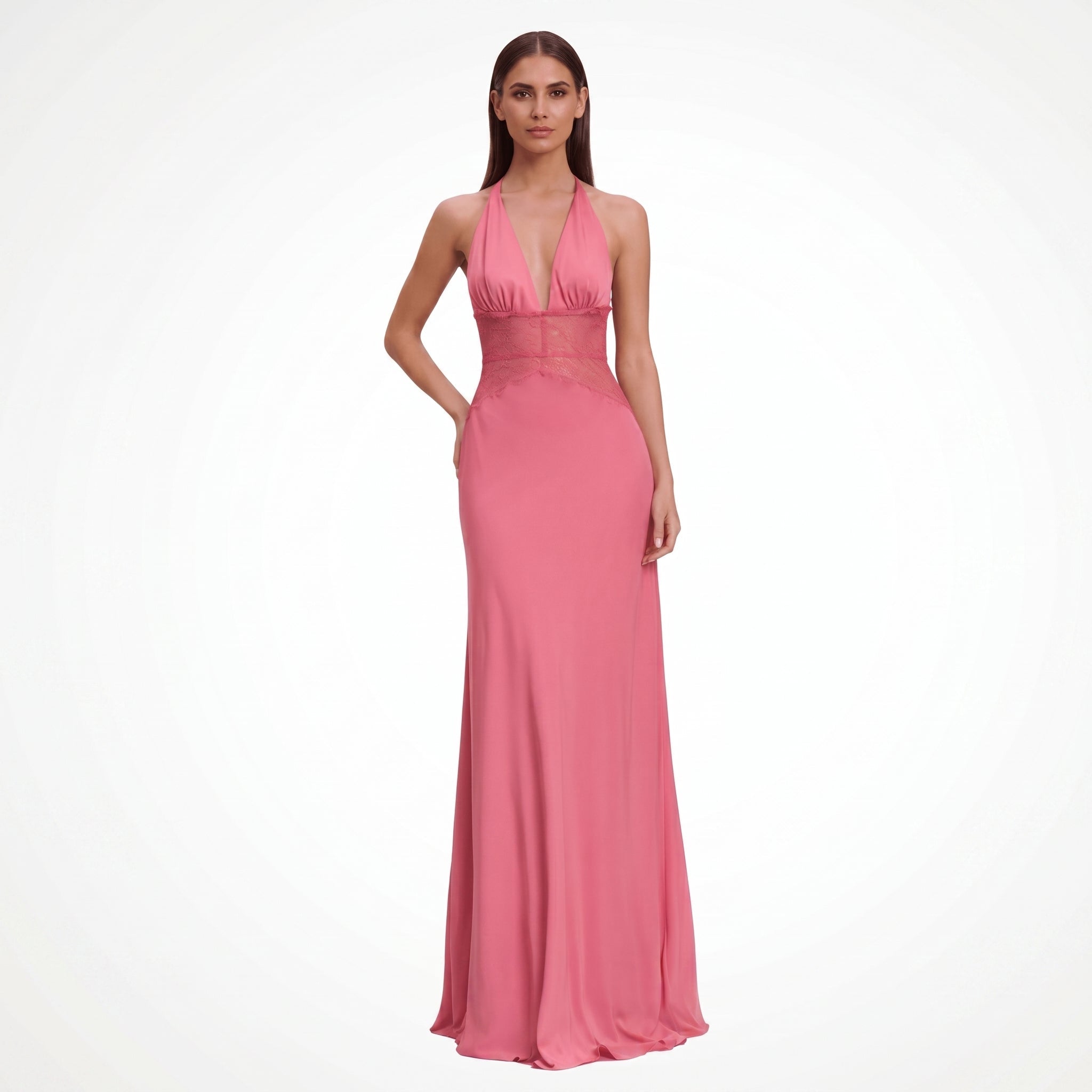 Sofia - Women's Wedding Guest Halter Neck Lace Maxi Dress - Maxi Dresses - Pink - Davies & Cooper