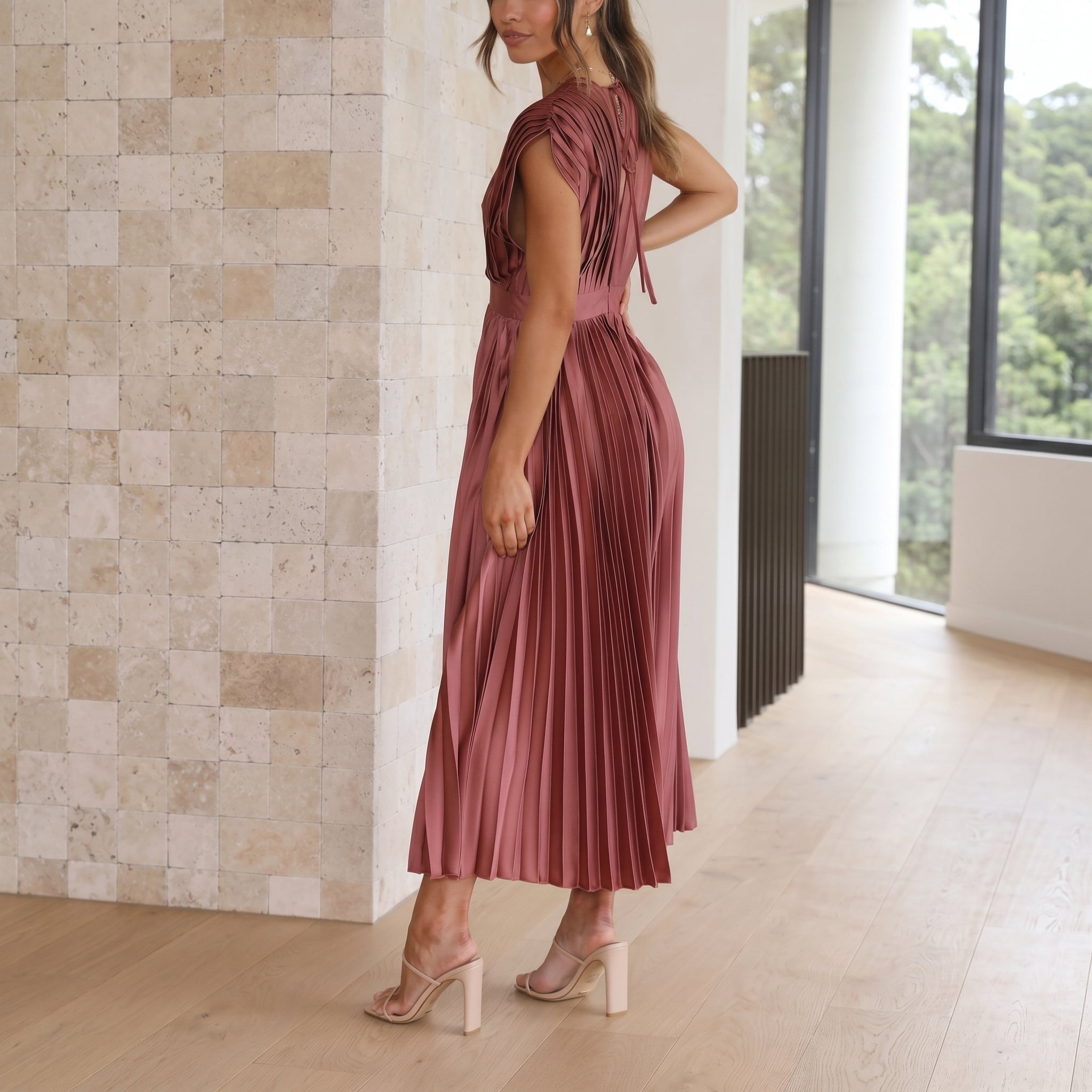 Sofia - Women's Wedding Guest Pleated Midi Dress with Cap Sleeves - Midi Dress - Red - Davies & Cooper