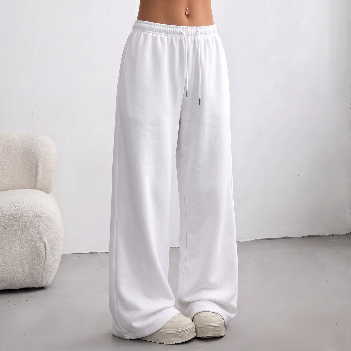 Sofia - Women's Wide-Leg Jogging Trousers with Drawstring Waist - Joggers - White - Davies & Cooper