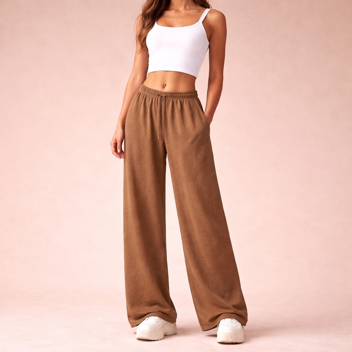Sofia - Women's Wide-Leg Jogging Trousers with Drawstring Waist - Joggers - Brown - Davies & Cooper