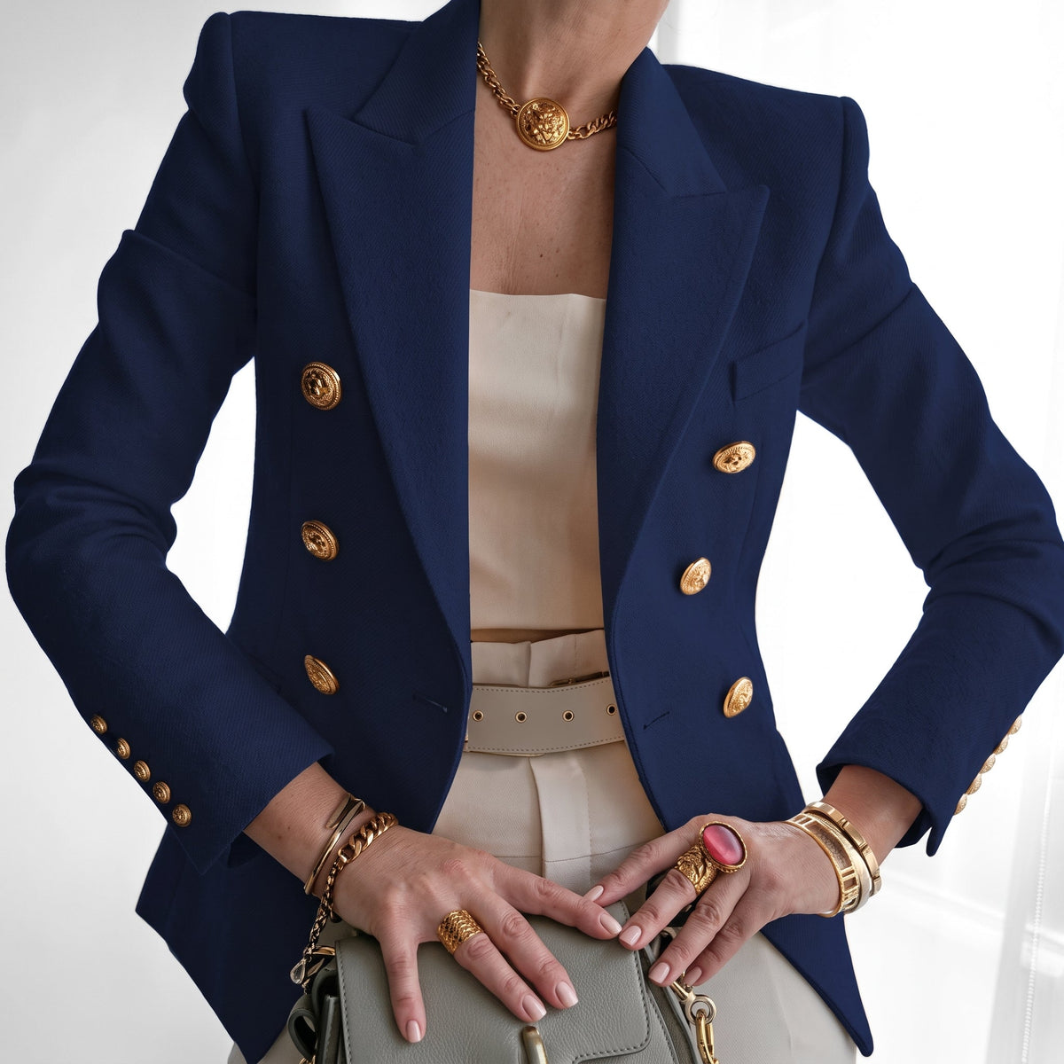 Sophia - Women's Double-Breasted Tailored Blazer with Gold Buttons - Blazers - Navy - Davies & Cooper