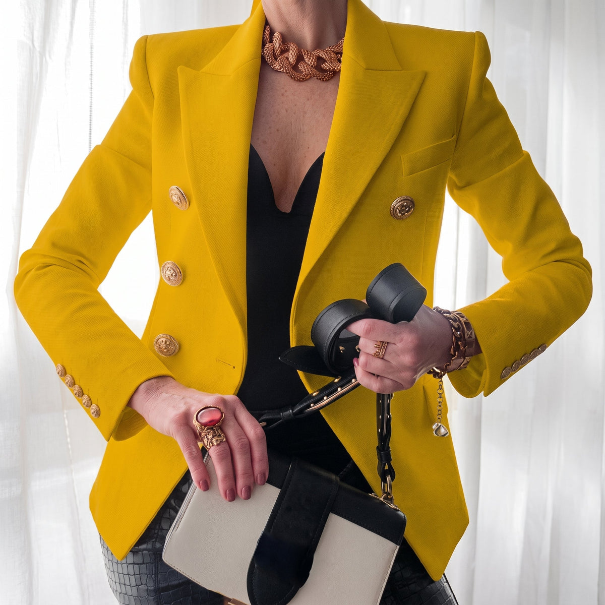 Sophia - Women's Double-Breasted Tailored Blazer with Gold Buttons - Blazers - Yellow - Davies & Cooper