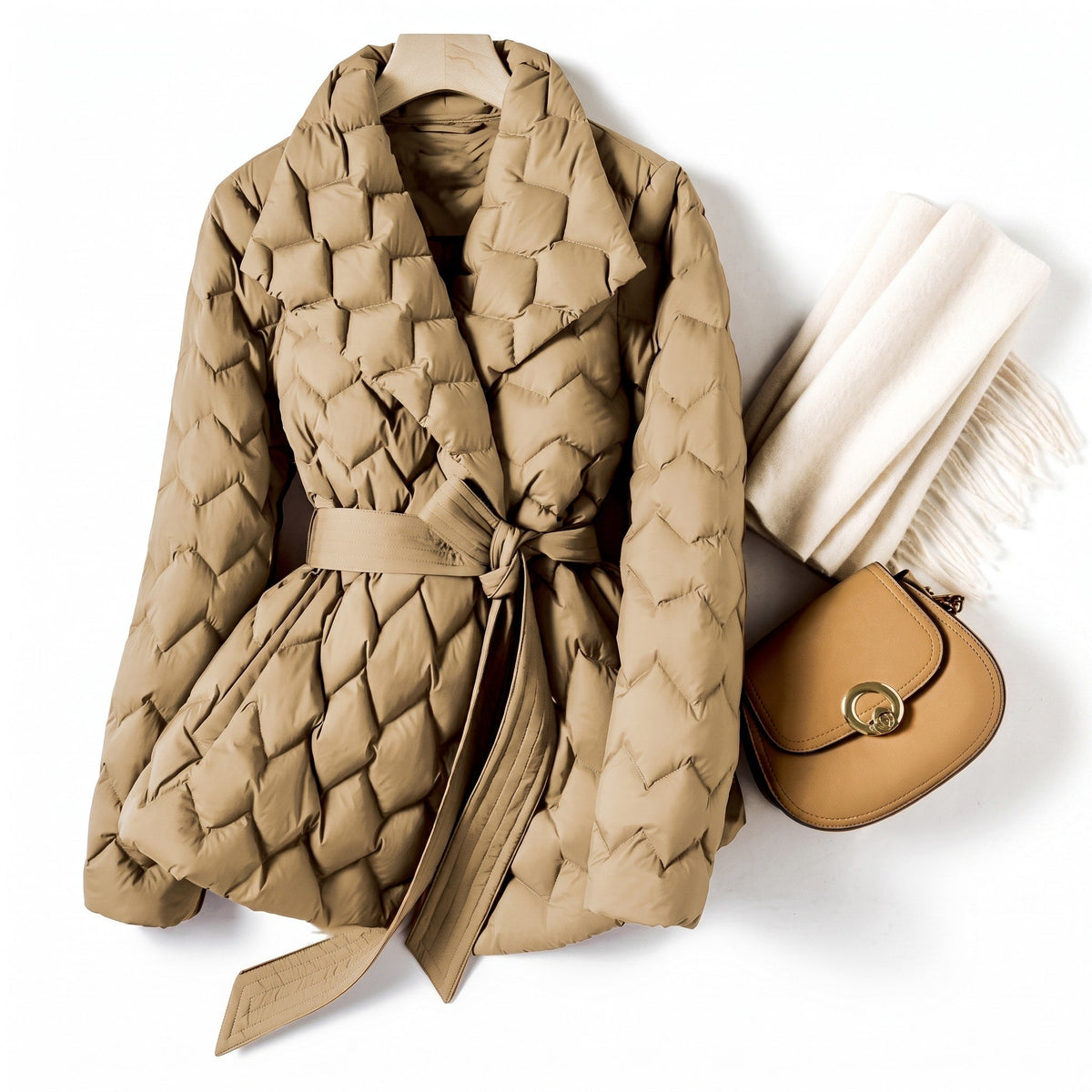 Sophia - Women's Quilted Belted Puffer Jacket with Shawl Collar - Puffer Jackets - Beige - Davies & Cooper