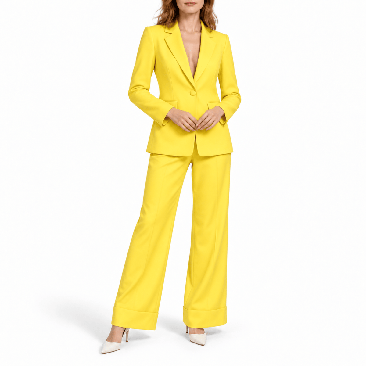 Sophia - Women's Tailored Two-Piece Wedding Suit with Peak Lapel Blazer - Outfit Sets - Yellow - Davies & Cooper