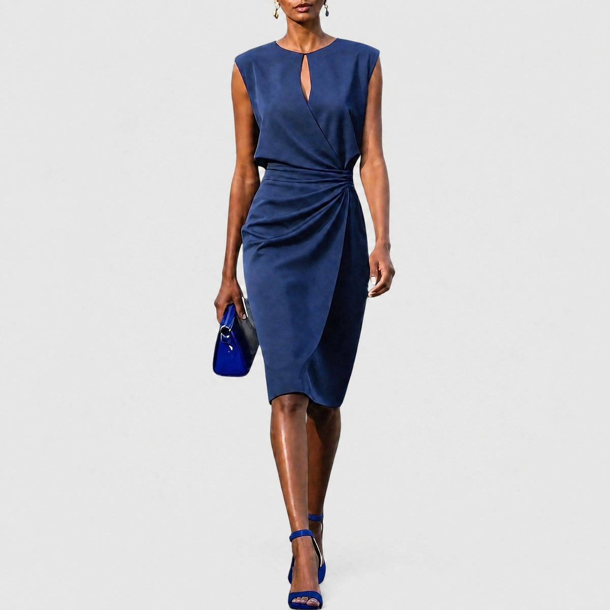 Sophia - Women's Wrap Front Ruched Midi Dress with Keyhole Neckline - Dresses - Navy Blue - Davies & Cooper