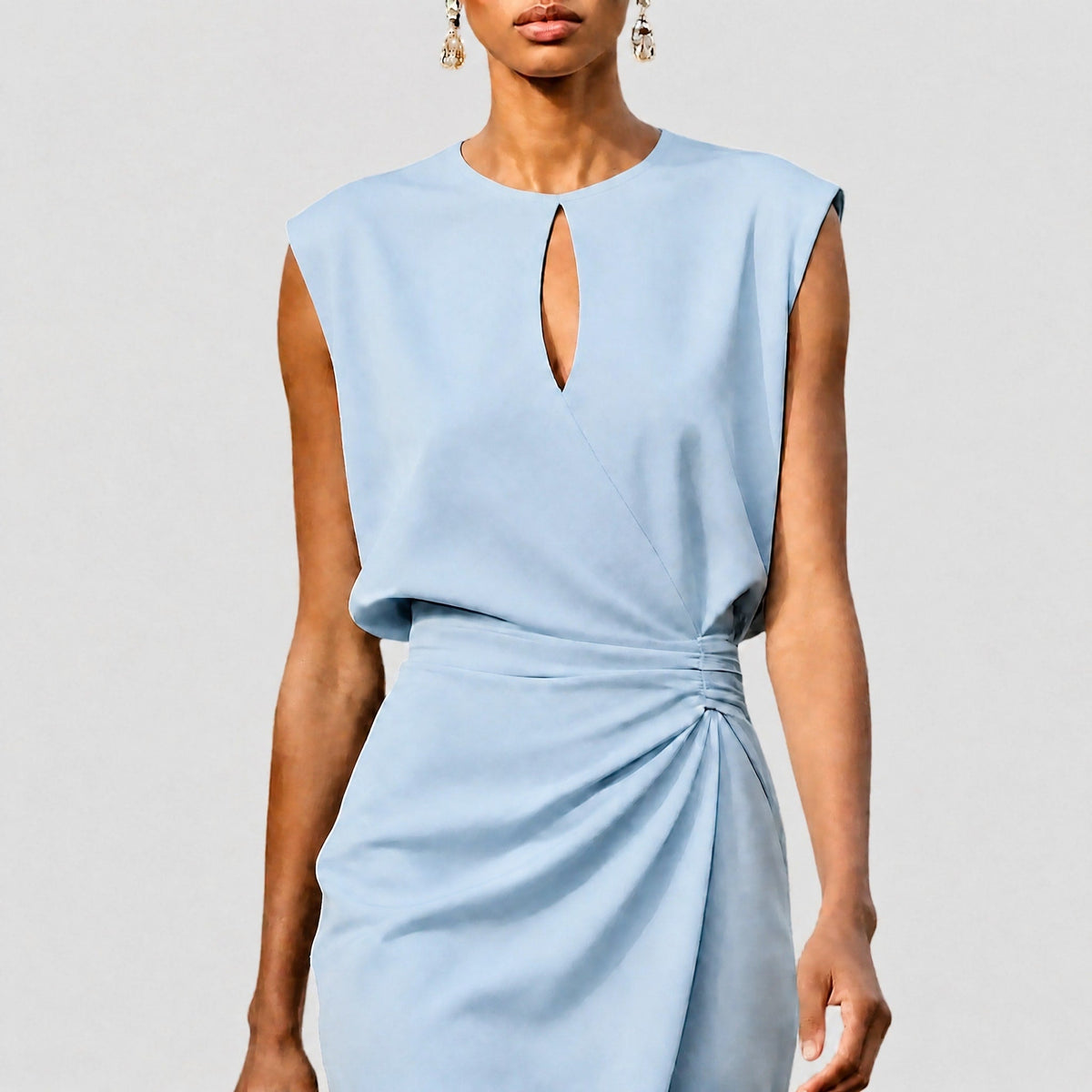 Sophia - Women's Wrap Front Ruched Midi Dress with Keyhole Neckline - Dresses - Light Blue - Davies & Cooper