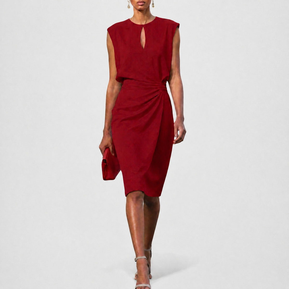 Sophia - Women's Wrap Front Ruched Midi Dress with Keyhole Neckline - Dresses - Red - Davies & Cooper