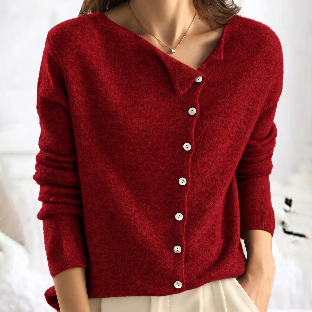 Sophie - Women's Asymmetric Button-Front Long Sleeve Cardigan - Cardigans - Red - Davies & Cooper