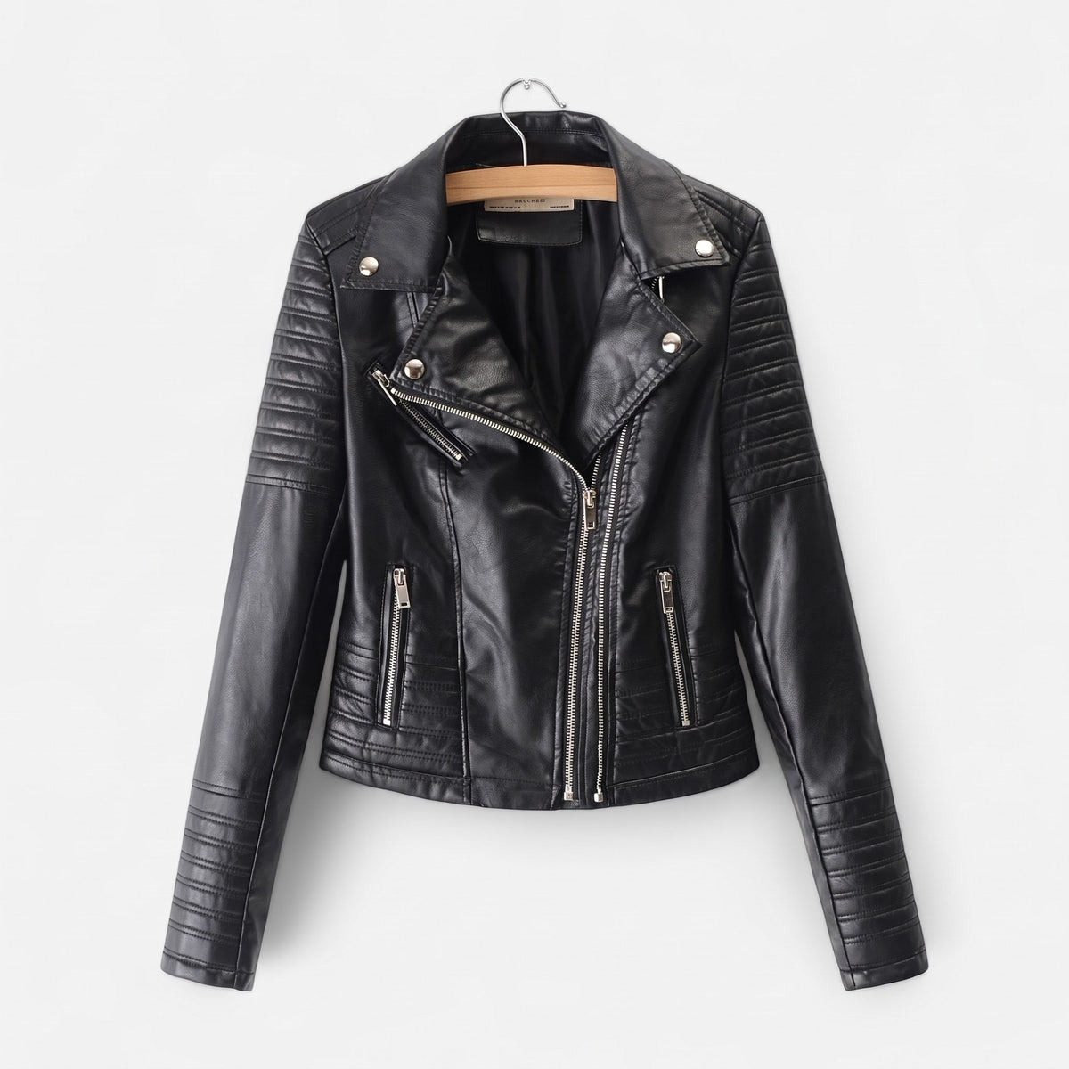 Sophie - Women's Biker Jacket Zip Pockets with Quilted Shoulder Detail - Motorcycle Outerwear - Black - Davies & Cooper