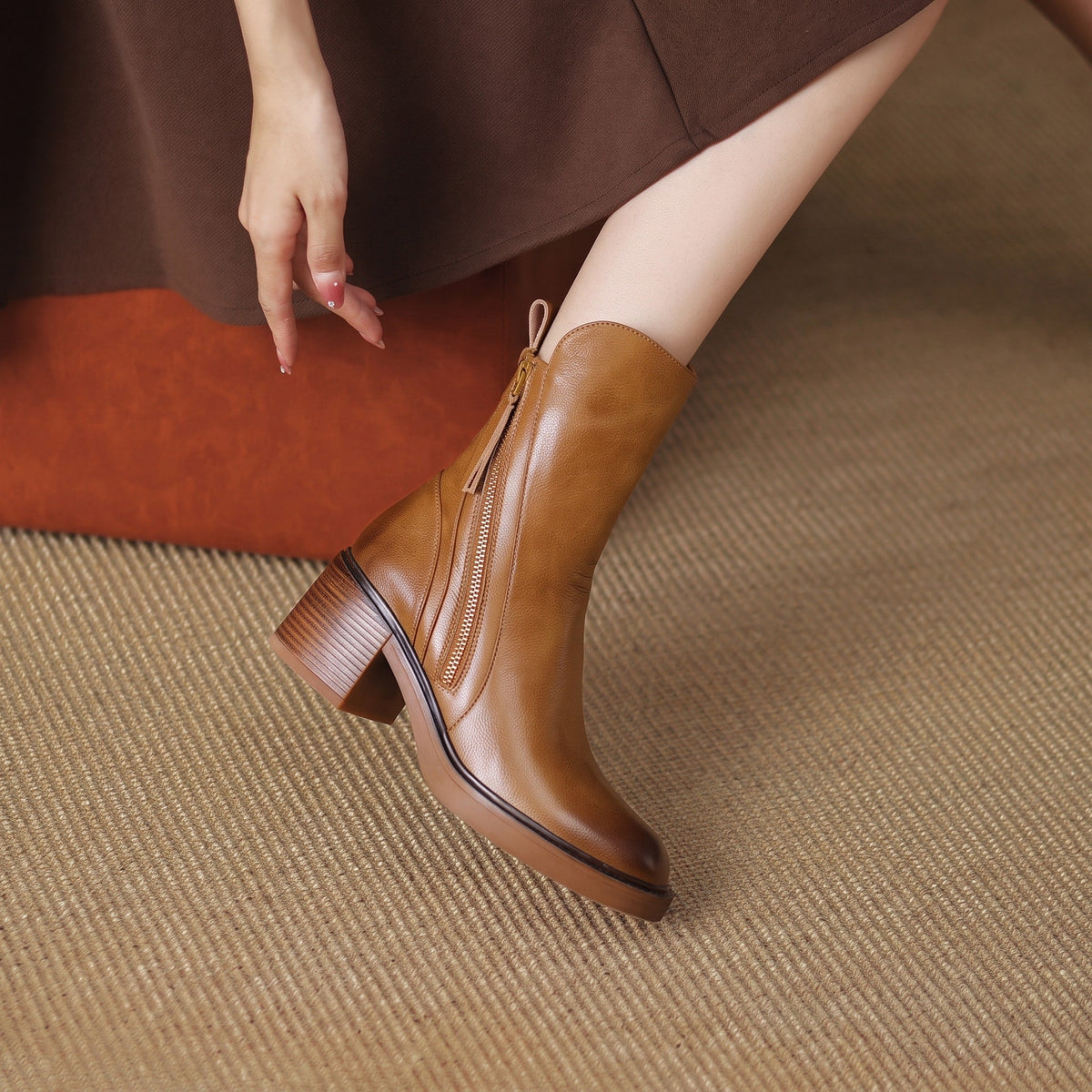 Sophie - Women's Block Heel Ankle Boots with Zip Detail - Boots - Brown - Davies & Cooper