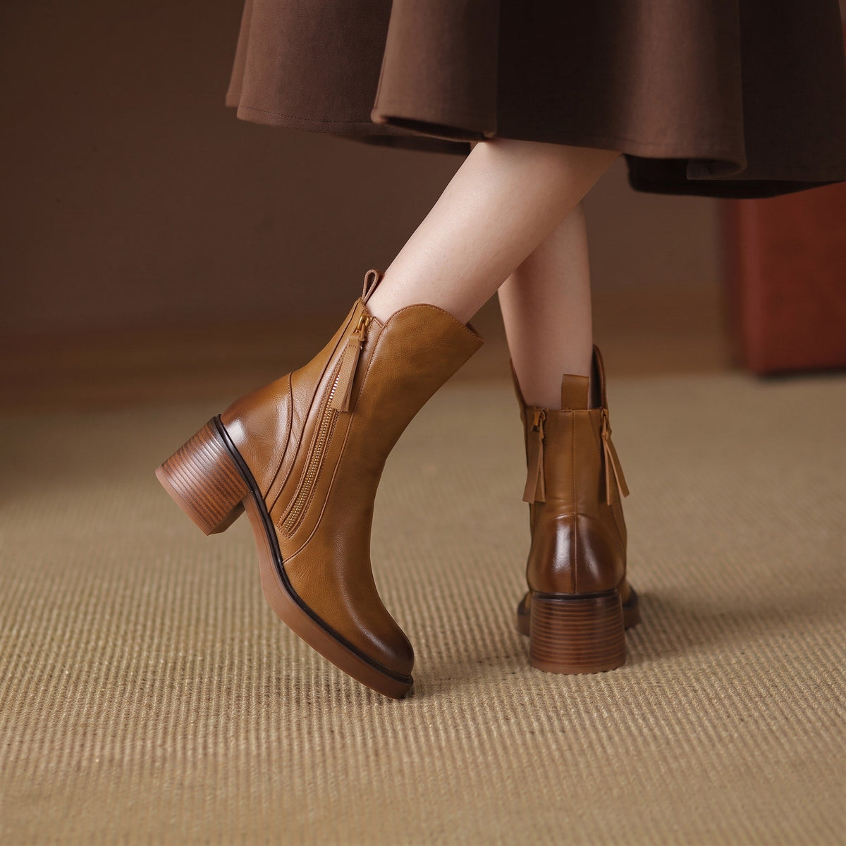 Sophie - Women's Block Heel Ankle Boots with Zip Detail - Boots - Brown - Davies & Cooper