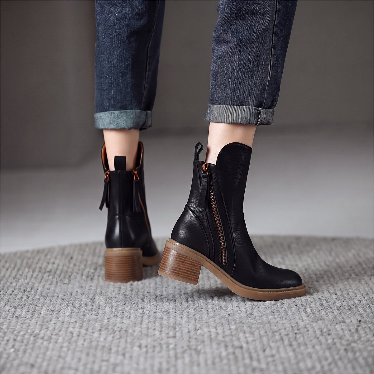 Sophie - Women's Block Heel Ankle Boots with Zip Detail - Boots - Black - Davies & Cooper