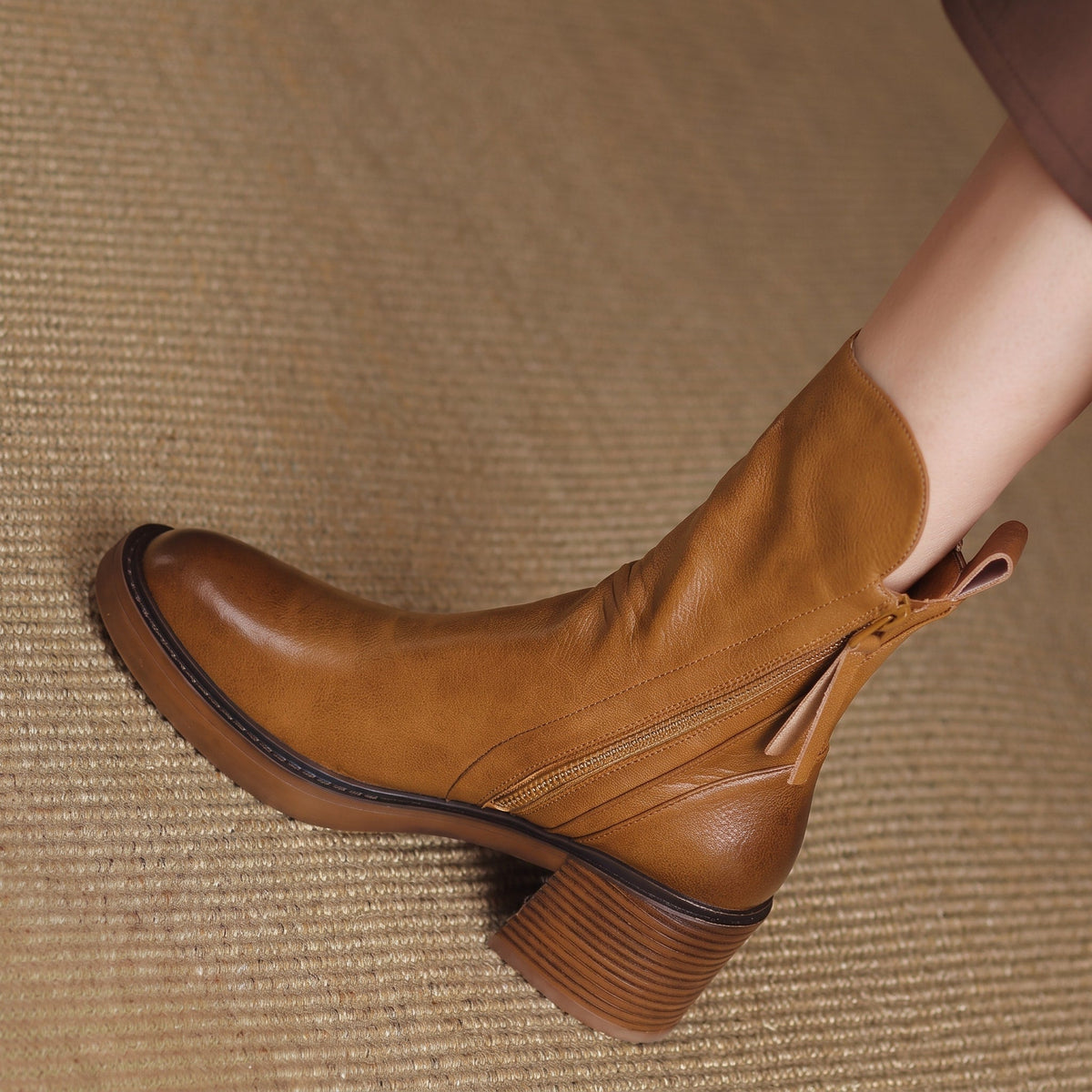 Sophie - Women's Block Heel Ankle Boots with Zip Detail - Boots - Brown - Davies & Cooper