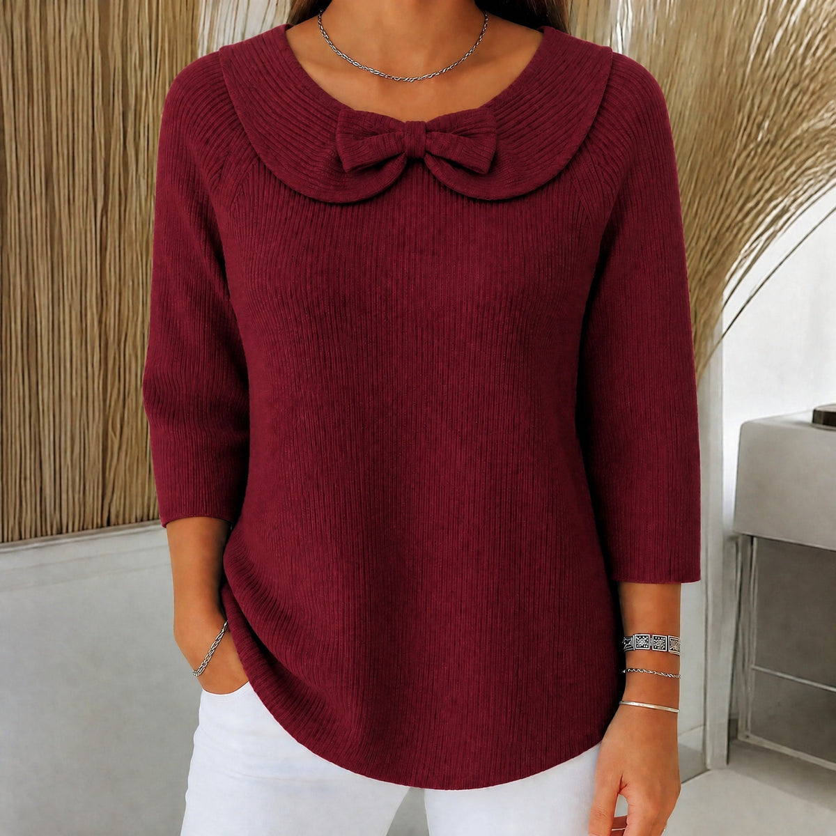 Sophie - Women's Bow-Detail Knitted Jumper with Three-Quarter Sleeves - Sweaters - Red - Davies & Cooper