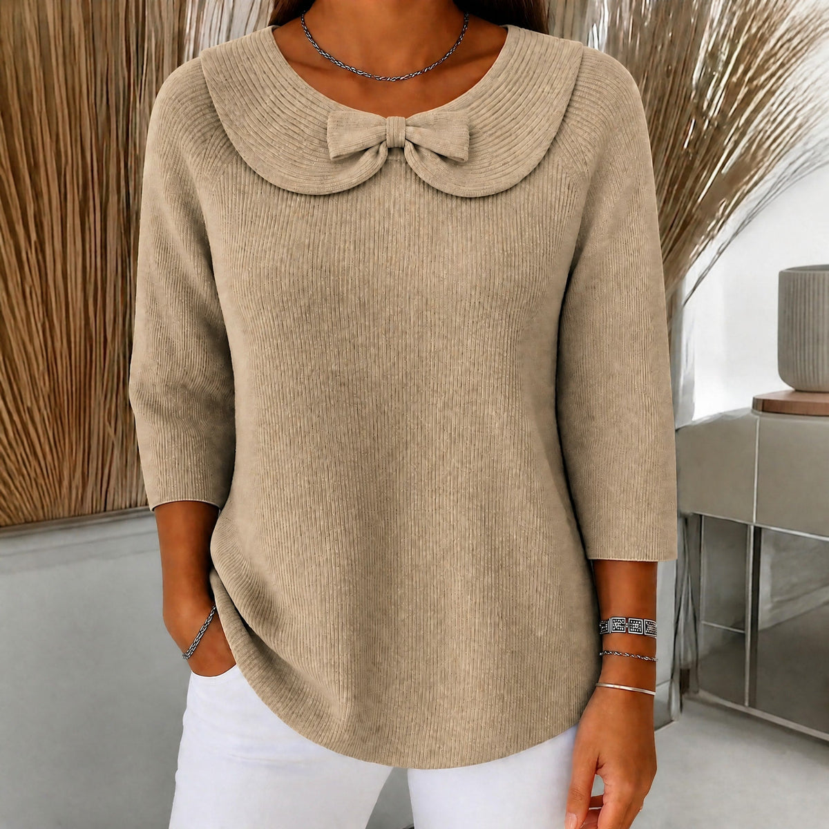 Sophie - Women's Bow-Detail Knitted Jumper with Three-Quarter Sleeves - Sweaters - Khaki - Davies & Cooper