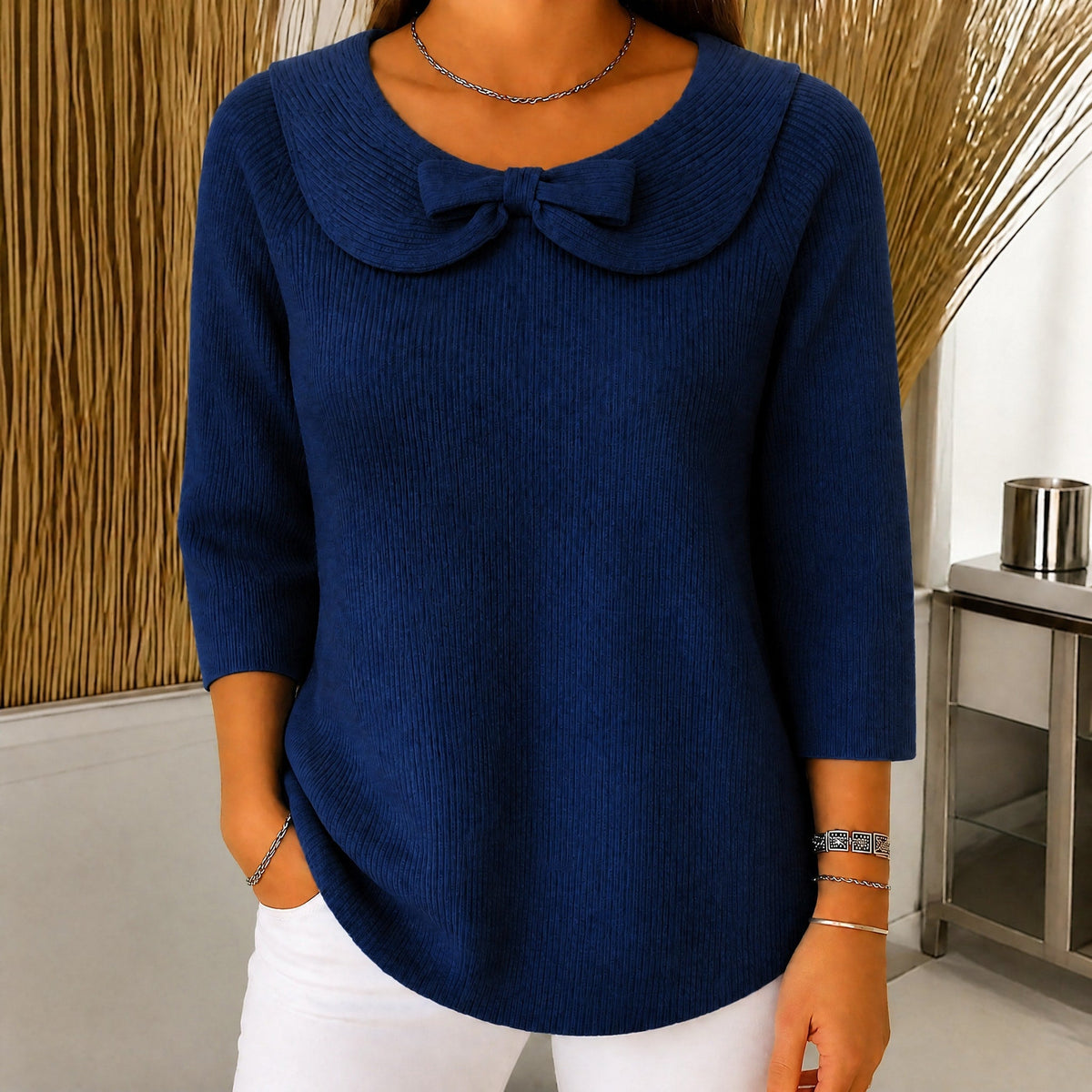 Sophie - Women's Bow-Detail Knitted Jumper with Three-Quarter Sleeves - Sweaters - Navy Blue - Davies & Cooper