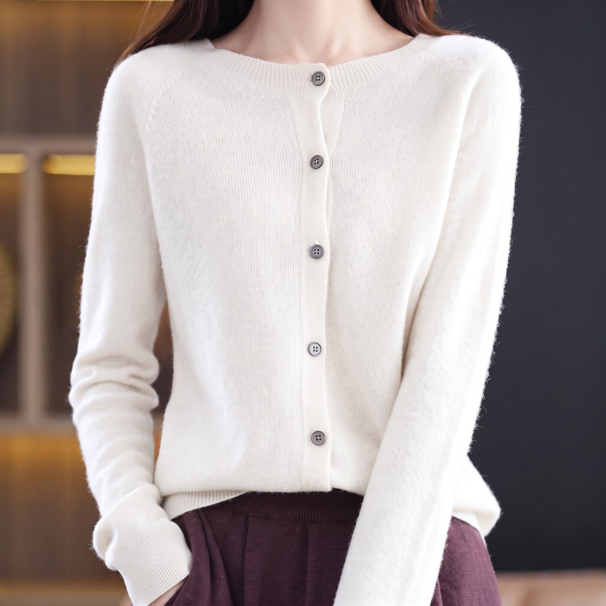 Sophie - Women's Button-Front Knit Cardigan with Crew Neck - Cardigans - White - Davies & Cooper