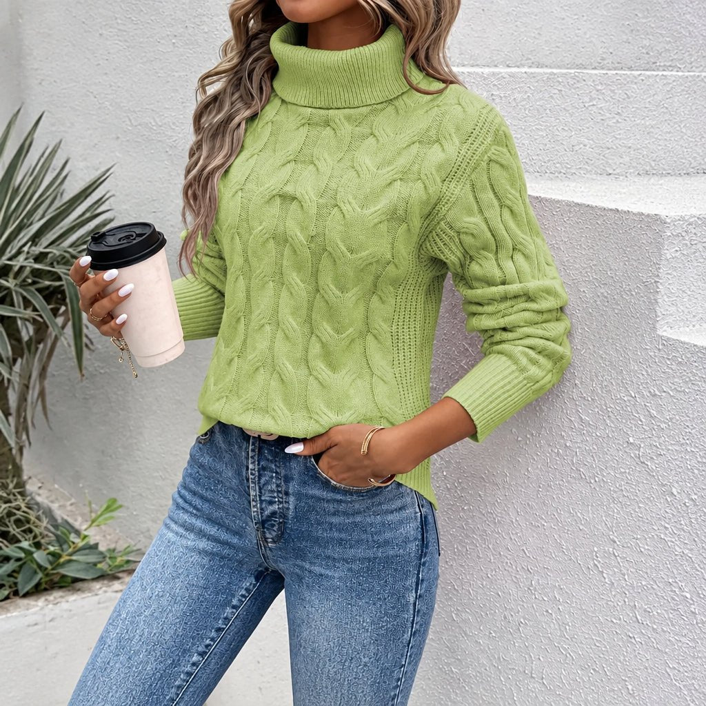 Sophie - Women's Cable Knit Turtleneck Jumper with Ribbed Cuffs - Sweater - Green - Davies & Cooper