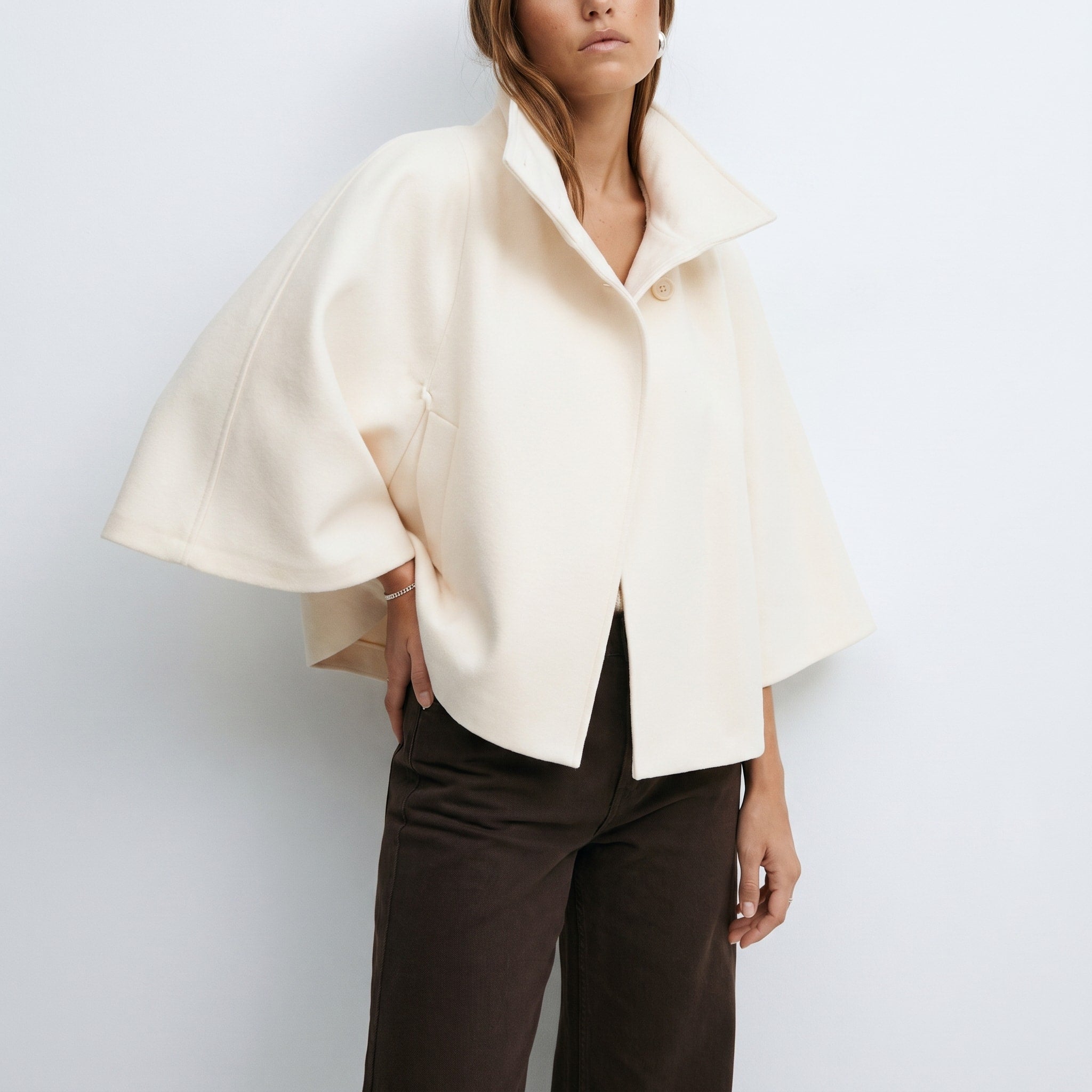 Sophie - Women's Cape Coat with High Collar and Tie Belt - Capes - Beige - Davies & Cooper