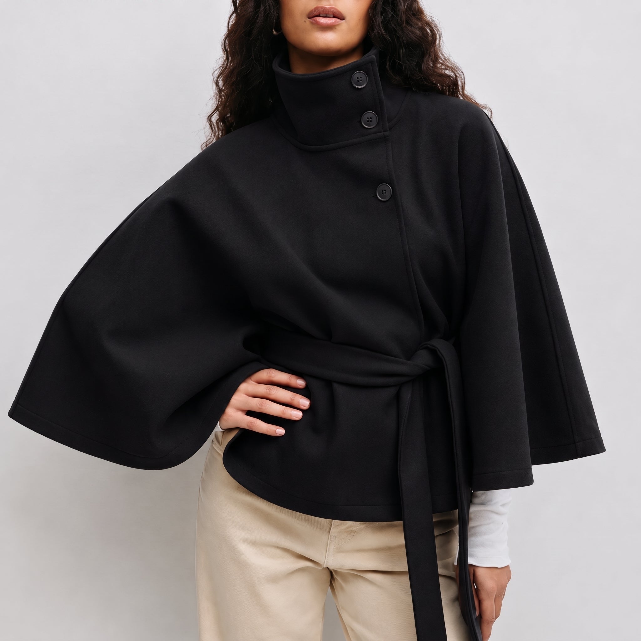 Sophie - Women's Cape Coat with High Collar and Tie Belt - Capes - Black - Davies & Cooper