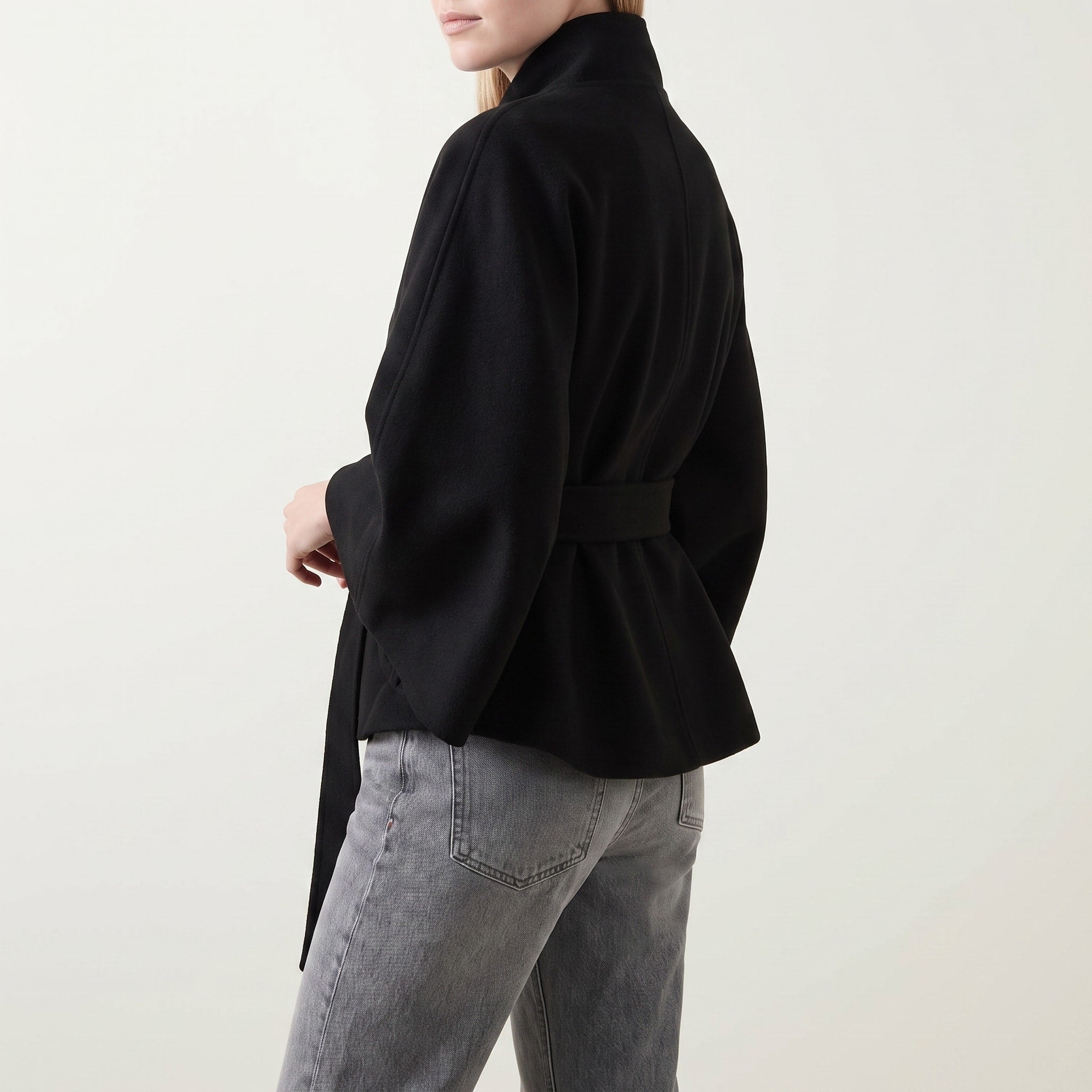 Sophie - Women's Cape Coat with High Collar and Tie Belt - Capes - Black - Davies & Cooper